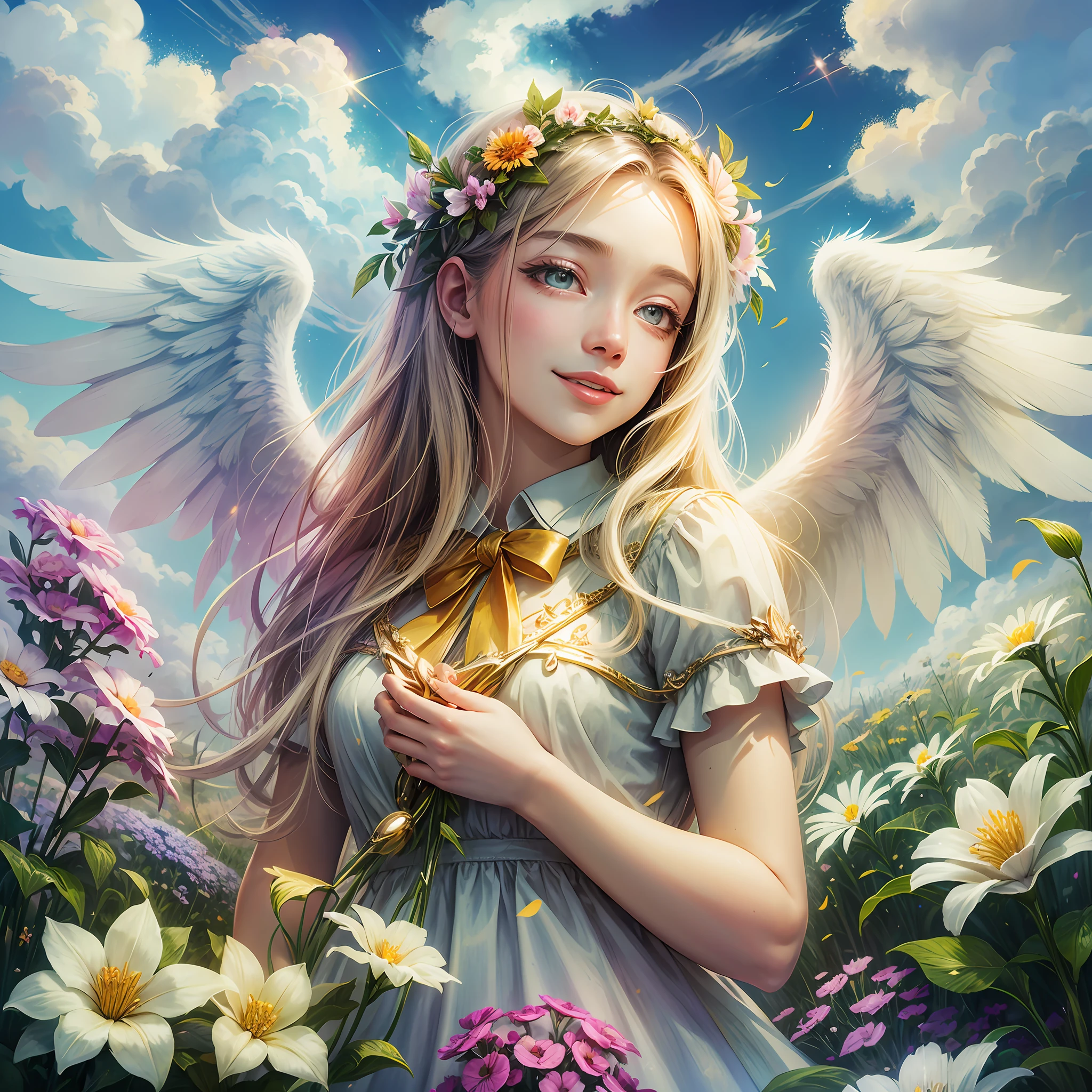 angel wings, heaven, light, brilliance, happiness, bright smile, glitter, flowers, flower garden, clouds --auto --s2