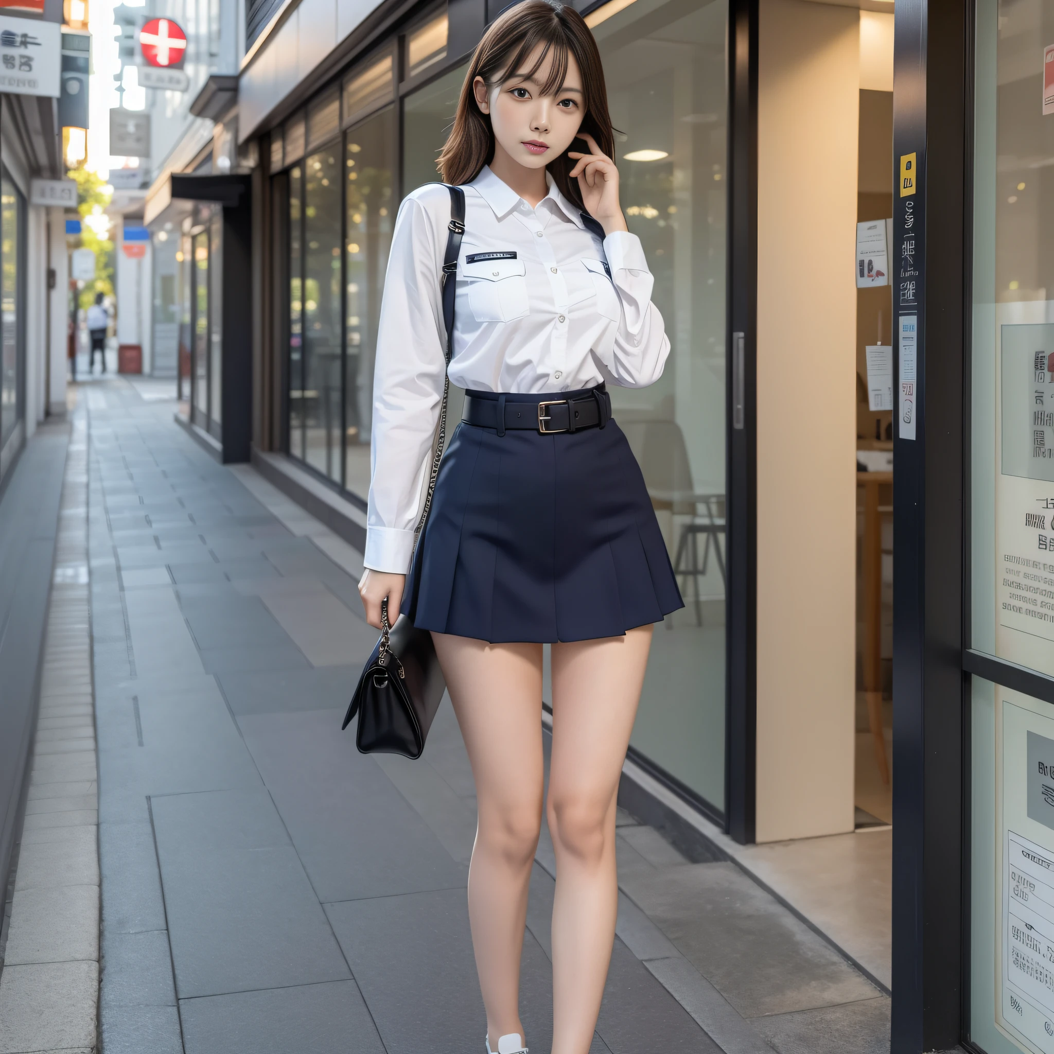 Arafe woman in OL uniform, slim girl model photo posing for photo, physical: Tinyest midliffever, female model, Japan female fashion model, Sakura Miyawaki, LE SSERAFIM, (8k, RAW photo, best quality, masterpiece: 1.2), (realistic, photorealistic: 1.37), ultra detail, ultra high resolution, summer, office district, standing, full body, ( ((SEXY)))