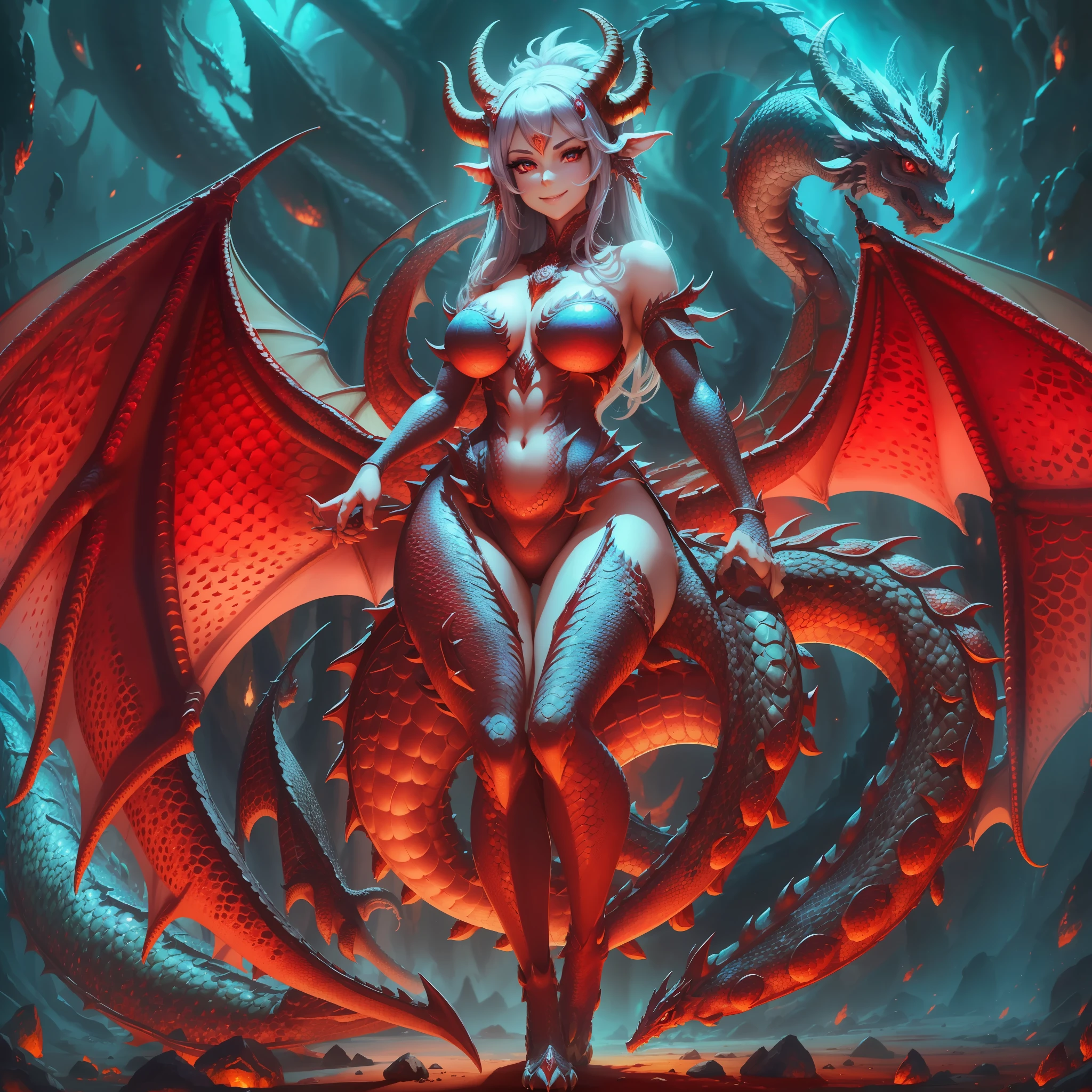 woman, full body, large breasts, light dress, blue eyes, dragon horns, dragon scales, perfect dragon ears, eyelashes, detailed hands, detailed anatomy of hands, detailed eyes, expressive eyes, smiling, solo, full body, dragon feet, detailed feet, anatomy of feet, neck dragon scales, body red scales, legs scales, arms red scales, red face, anthropomorphic dragon, 1 girls, antrum, female, scales, female scales, red scales, looking at the viewer, diaphragm, smiling, solo, wide hips, dragon, dragon ears, dragon girl, dragon tail, ((dragon)), antrum, bipedal, black shadow, large breasts, shadow, female, skin, makeup, mammal, black nose, smile, (((soil))), humanoid, animal ears, scales, large breasts, masterpiece, HD, best quality, Red scales, scales all over the body, shiny scales, humanoid dragon, large breasts, defined leg, anatomy of the legs. --auto --s2