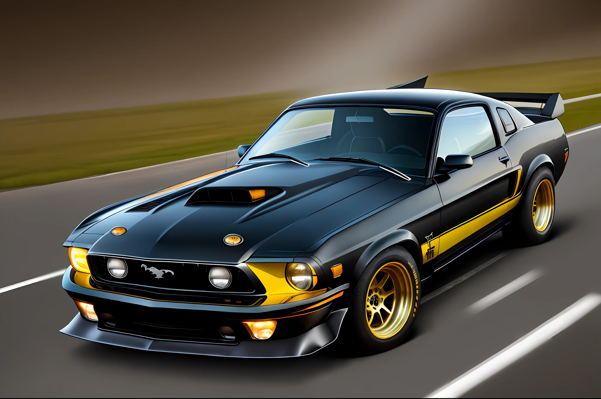 Black 1975 Mustang front with yellow headlights on a dark track