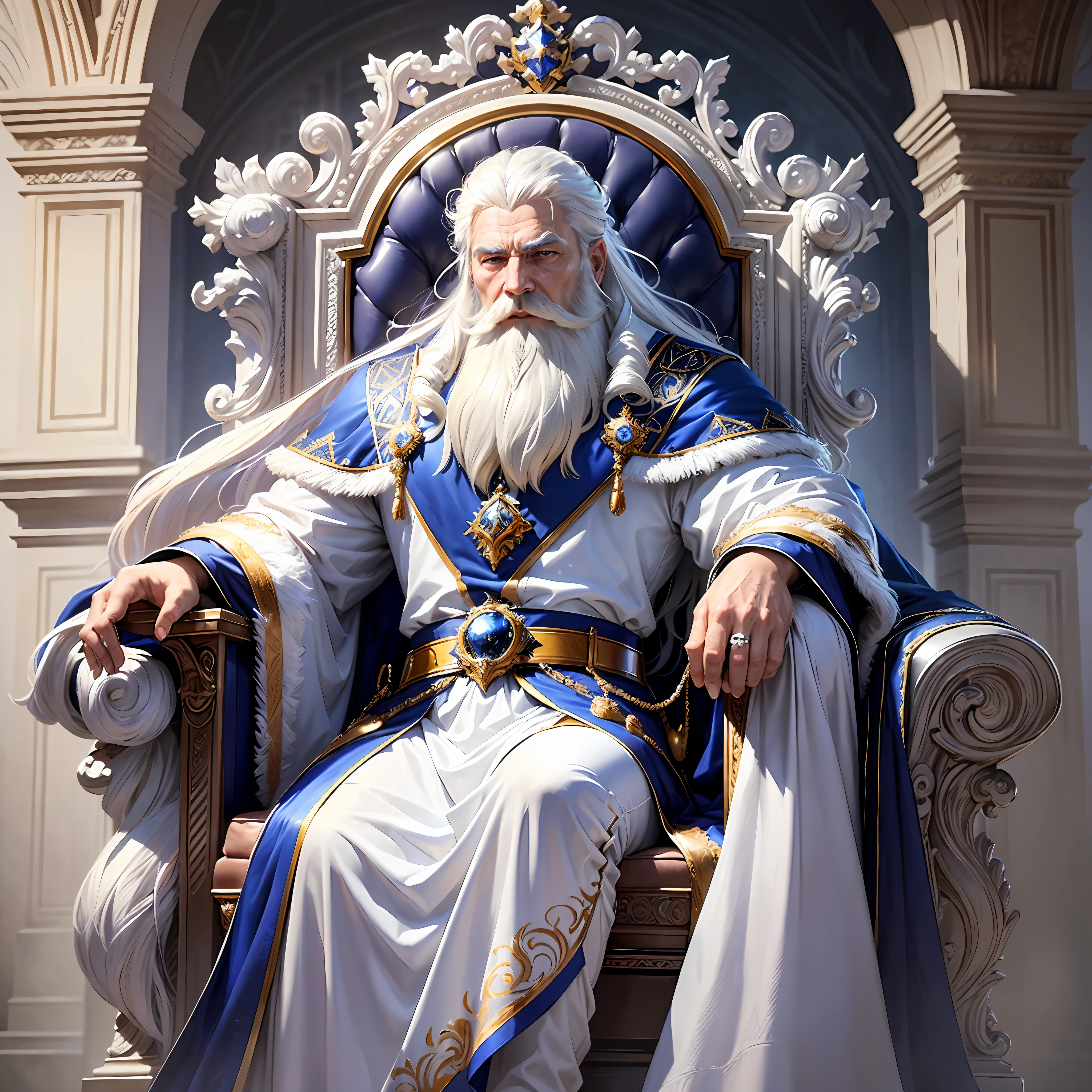 (majestic, imposing, God:1.2, intense shine, beautiful, blue throne, sapphire, white hair, white beard, white clothes, regal appearance)