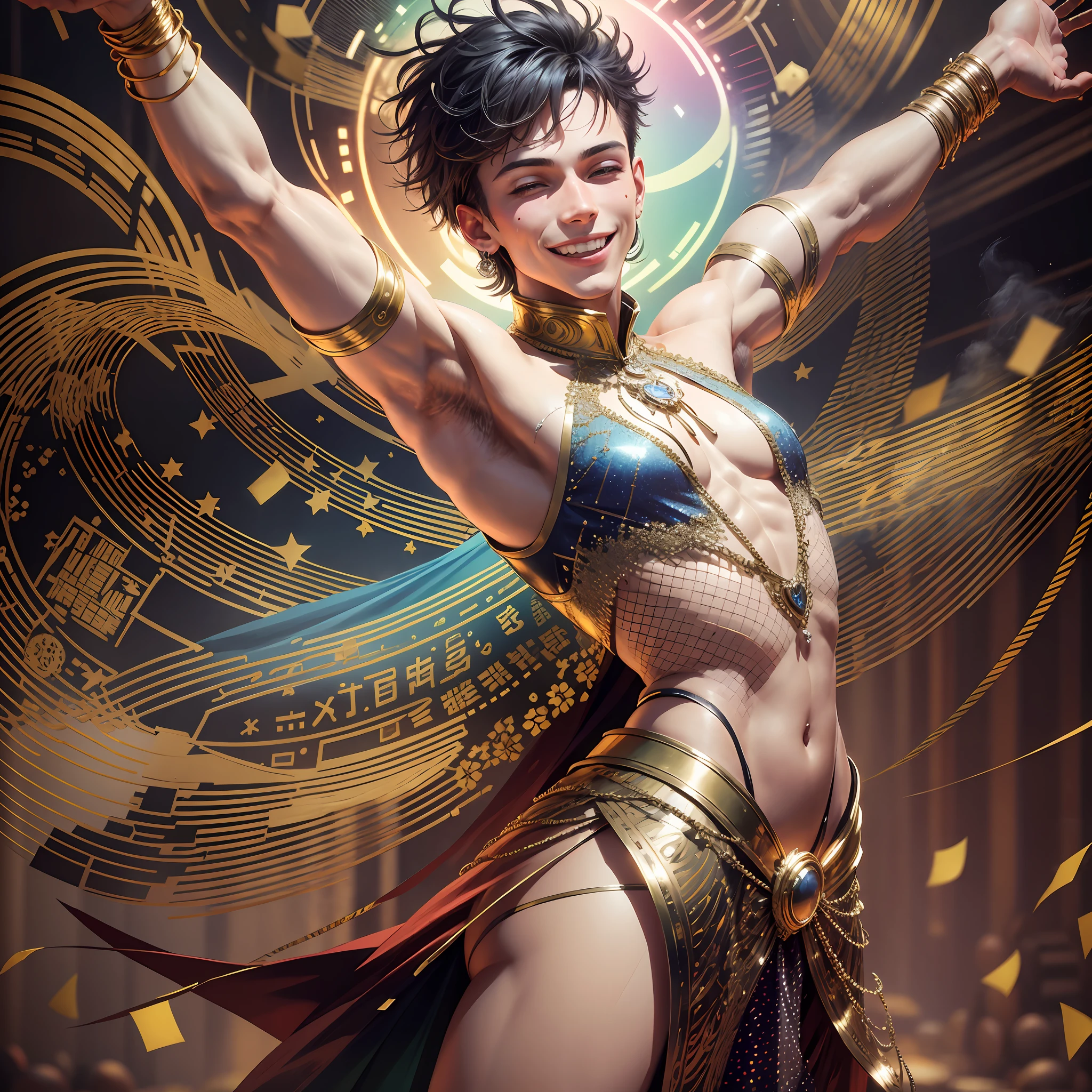 Imagine an image of Gay Pride Day as a dancing gay male figure, with a smile on his face and arms outstretched, surrounded by lights and smoke, symbolizing the celebration and joy of being who we are. --auto --s2