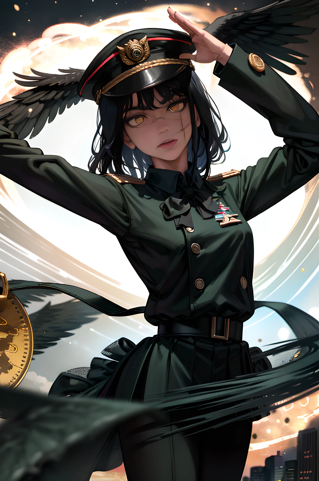 (masterpiece, best quality: 1.2), Solo, 1girl, Yoru \(Chainsaw Man\), expressionless, looking at the viewer, yellow eyes, black trench coat, military uniform, black shirt, red neck ribbon, long sleeves (best quality), scar on face, beautiful eyes, has only 2 arms, military salute with white gloves, has war medals on his clothes, black military cap with an eagle a gold, chaotic background, looking at the viewer, (wallpaper), (8K HD),