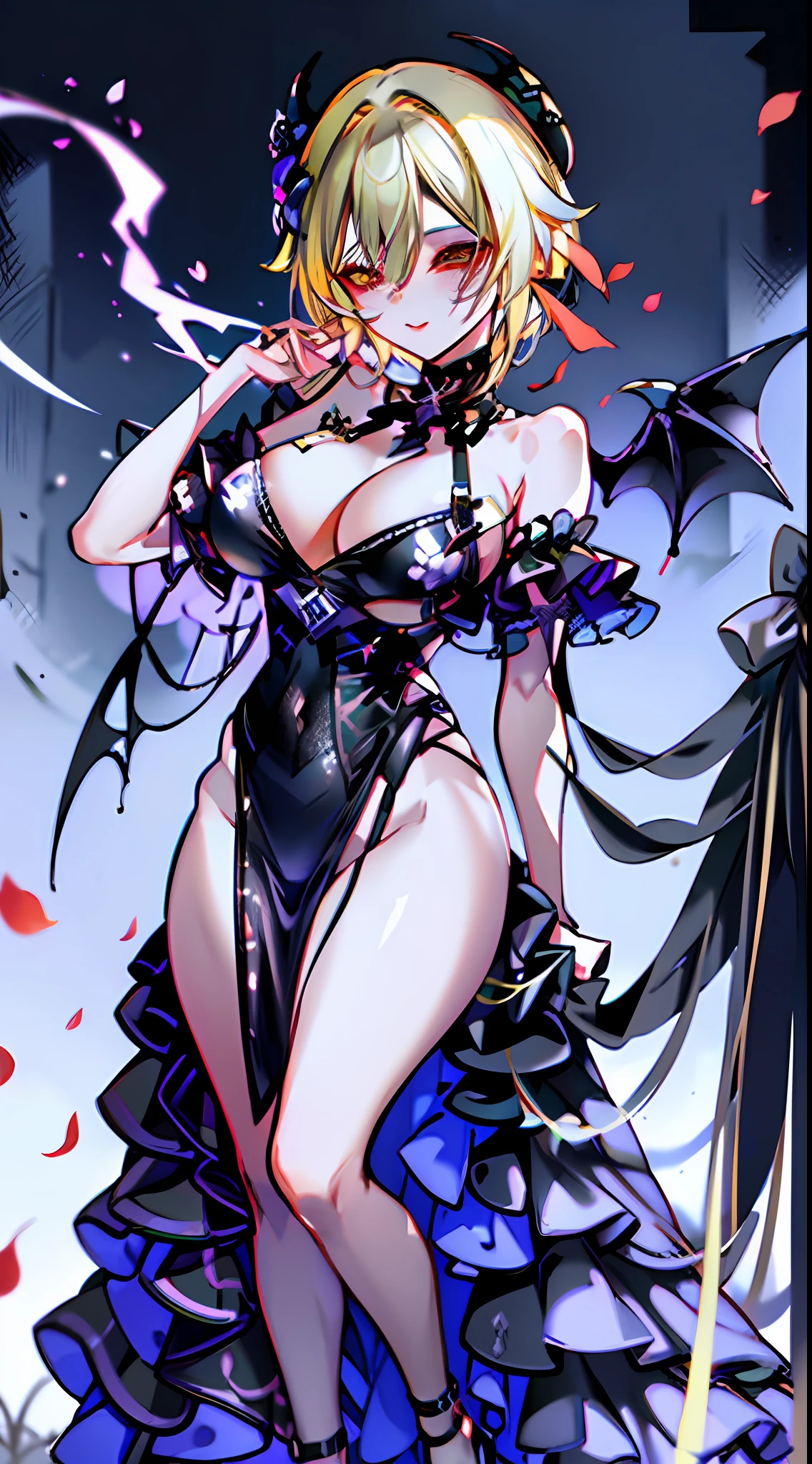 masterpiece, best quality, highy resolution, 1girl, solo, lumine (genshin impact), blonde hair, short hair, black flower ornament hair, huge lips, black lipstick, black devilish queen dress, cherry forest, cherry petals flying, night, moolight, devilish grin, sensually devilish, black-hearted, big breasts, captivating, attractive, gorgeous, smooth, glowing skin, full body, queen abyss