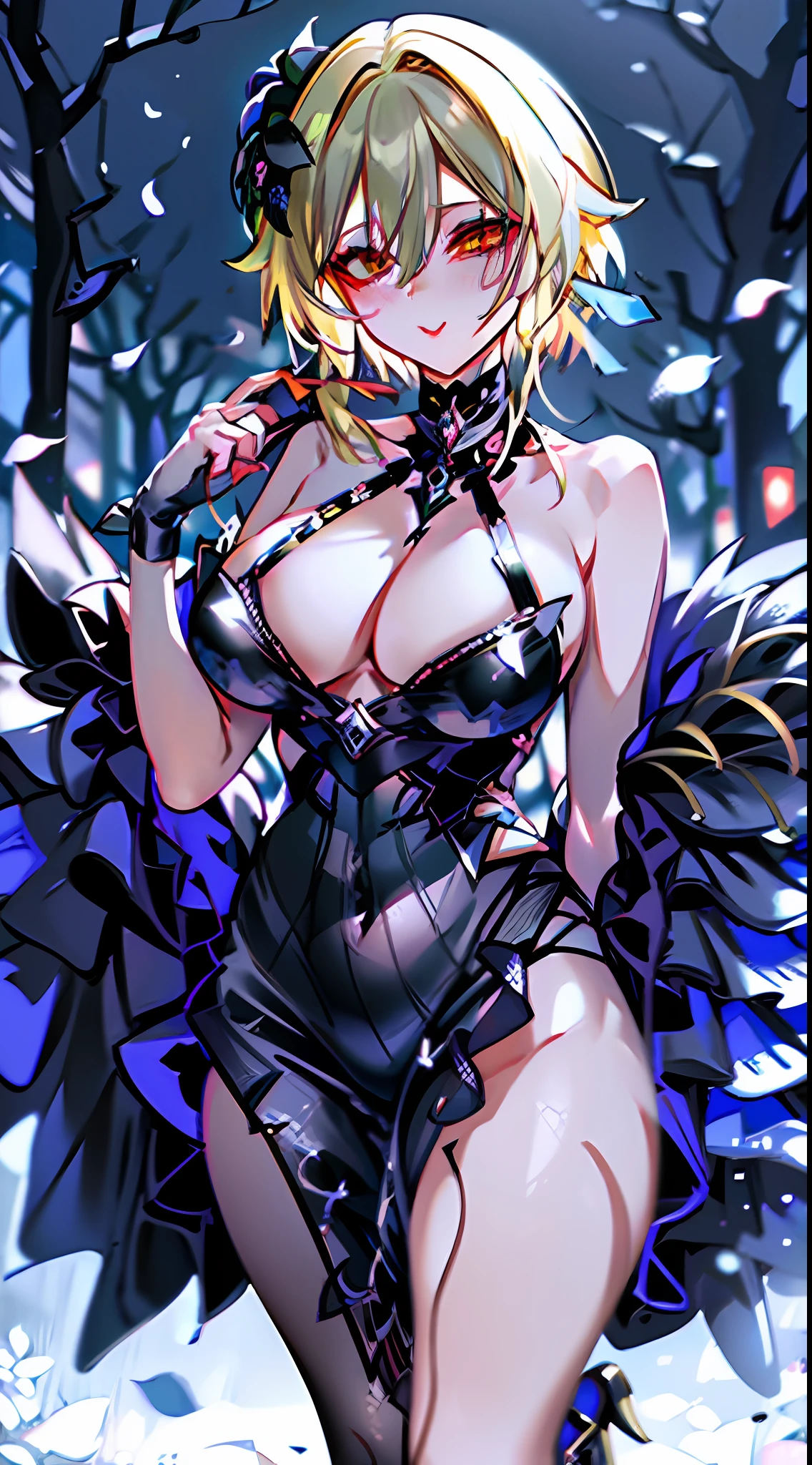 masterpiece, best quality, highy resolution, 1girl, solo, lumine (genshin impact), blonde hair, short hair, black flower ornament hair, huge lips, black lipstick, black devilish queen dress, cherry forest, cherry petals flying, night, moolight, devilish grin, sensually devilish, black-hearted, big breasts, captivating, attractive, gorgeous, smooth, glowing skin, full body, queen abyss