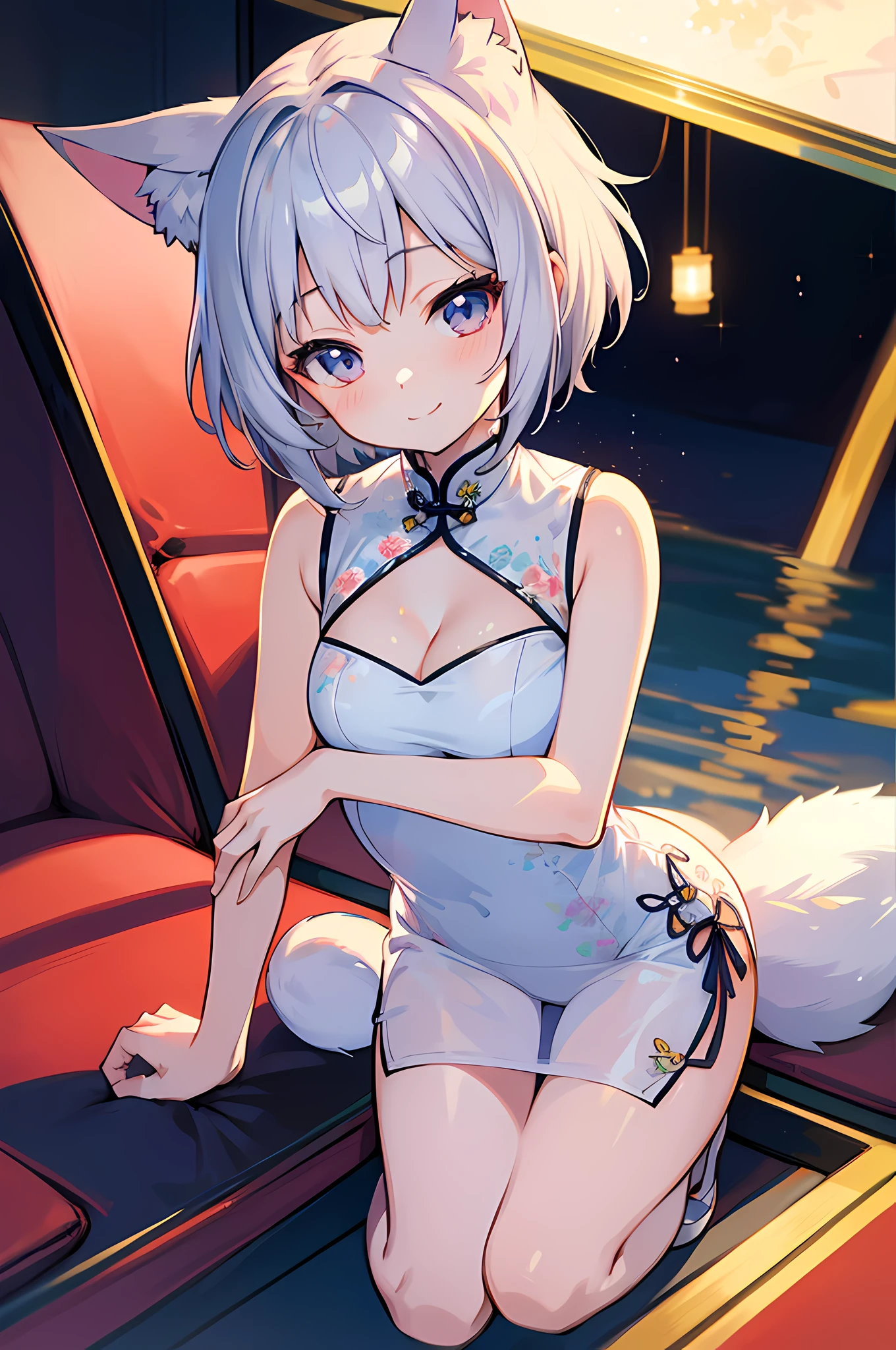 Masterpiece, Top Quality Anime Illustration, Super Detailed, One Girl, Solo Focus, Silver-Haired Beautiful Girl, Anime Loli, Cat Ear Loli, White See-Through Cheongsam, Short Cheongsam, Sleeveless, Smile, Cleavage Emphasis, Thigh Focus