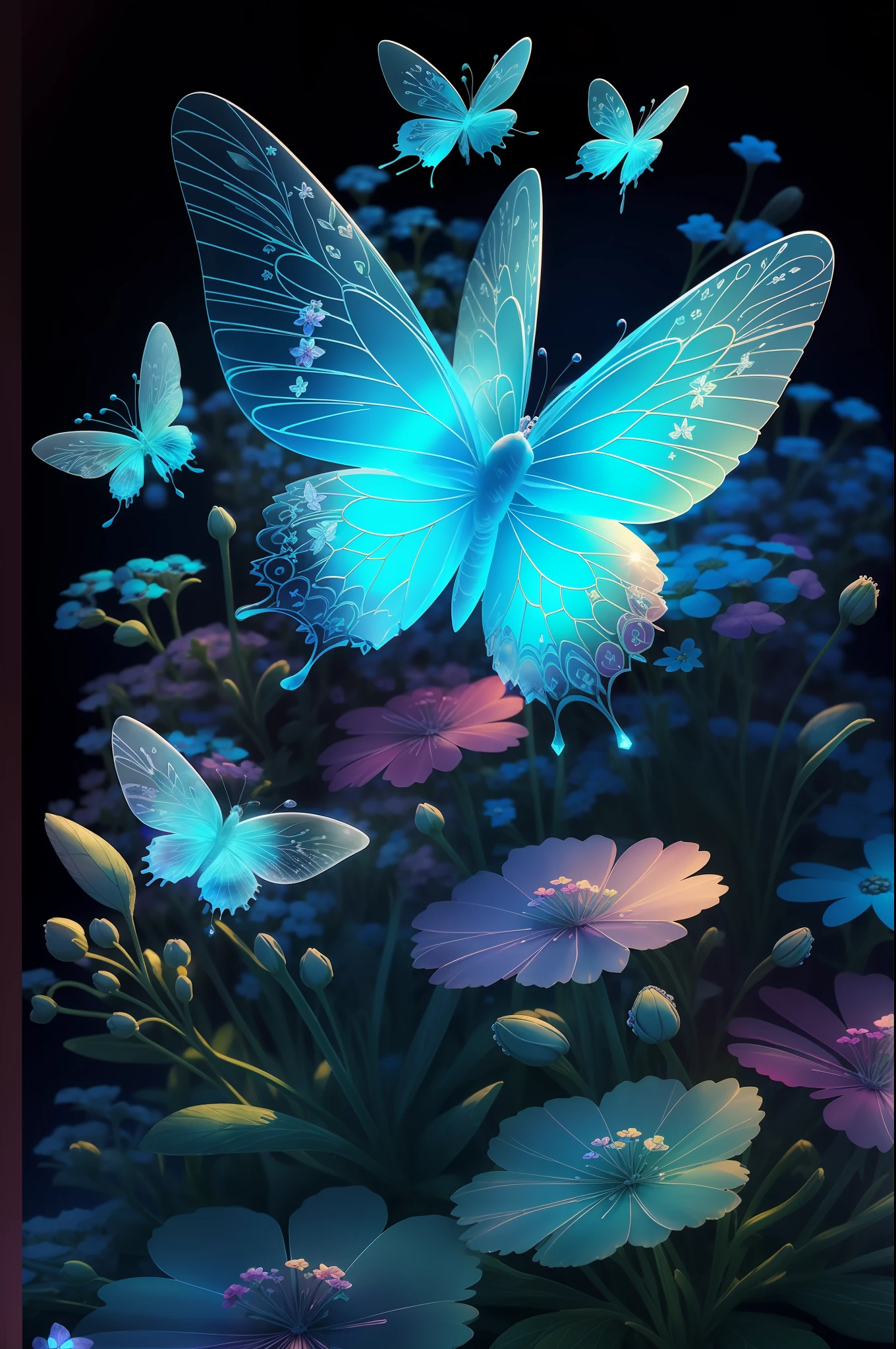 a beautiful 3d spectral crystal flower, soft fairy mist forget-me-not, transparent petals, colorful butterflies flying around the forget-me-not,raspberry bush,blueberry bush.
