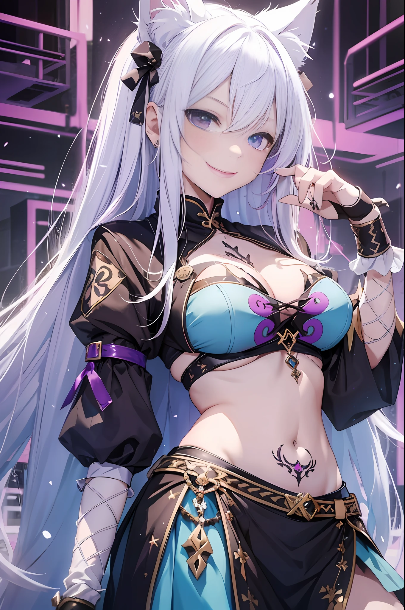 young girl, long white hair, heterohromia (left eye purple, right eye blue), cat ears, inner sideboob, open belly, tattoo, smirk, battle turquoise top, skirt, masterpiece, high quality,