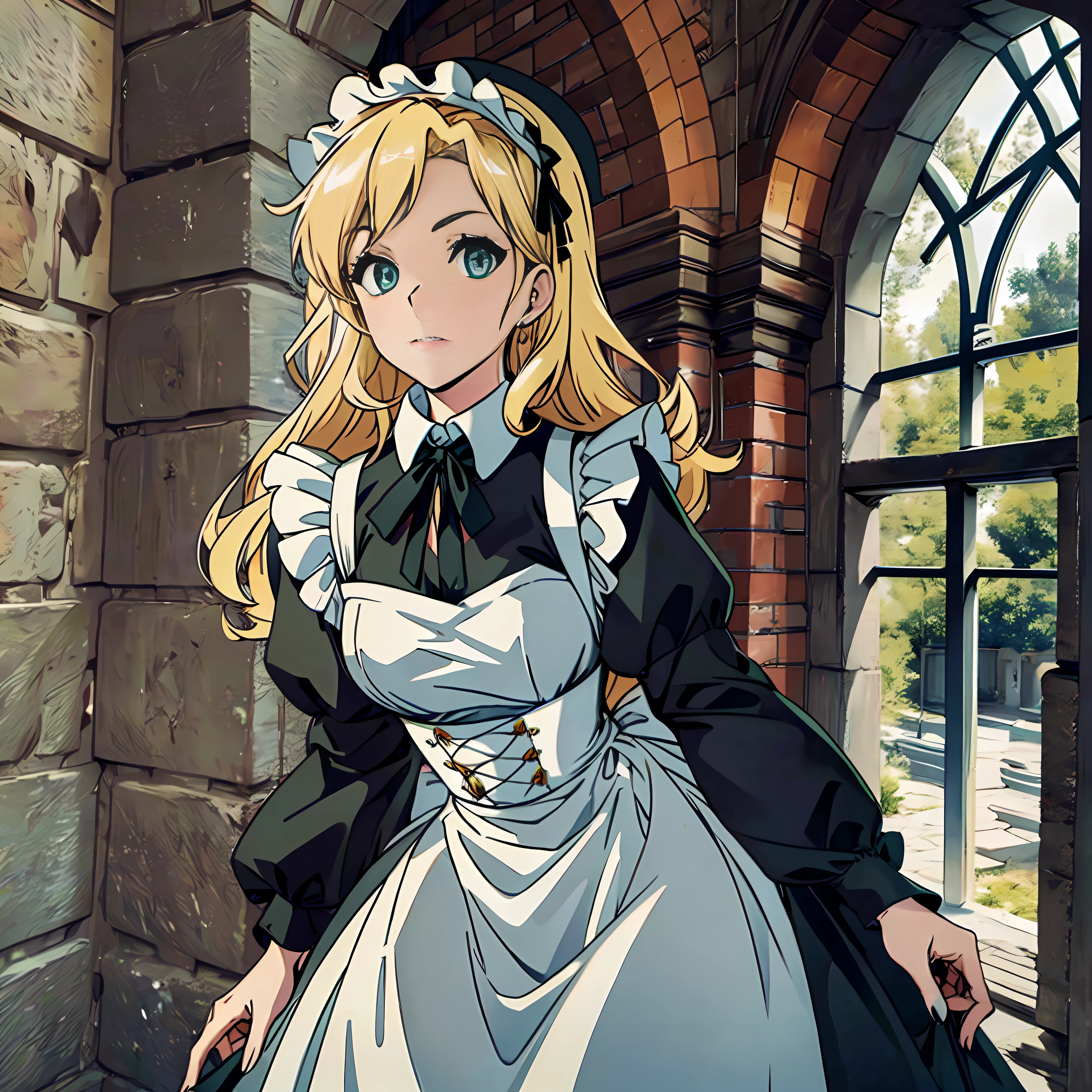 A blonde maid, green eyes, gothic costume, dignified and calmly cleaned in the castle