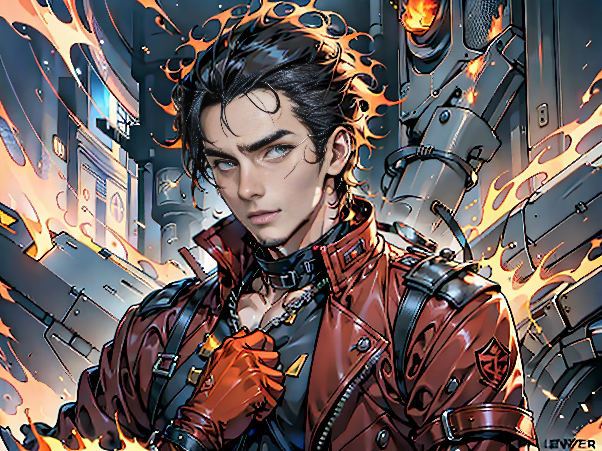 Delicate facial features, perfect face, glowing skin, best picture quality, 8k resolution, a very handsome male, off-the-shoulders, street style red jacket, black leather gloves, fire magic, fire coat of arms, majesty, blazing fire, sparks, splashes, splashes
