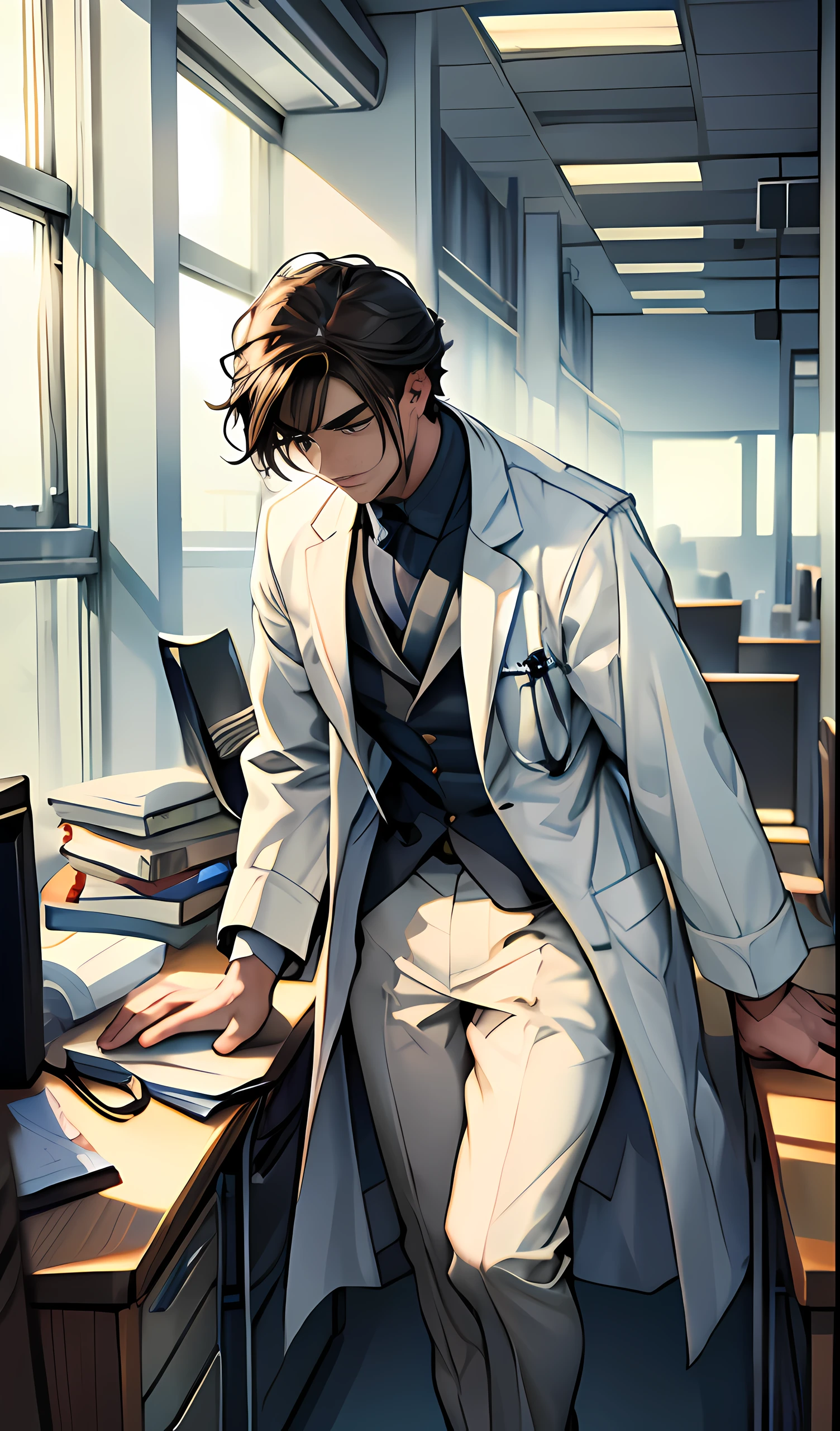 A young doctor man in a white coat, detailed eyes, beautiful eyes, put away his legs kneeling on his desk, straightened his clothes, and walked out of the office with a serious face