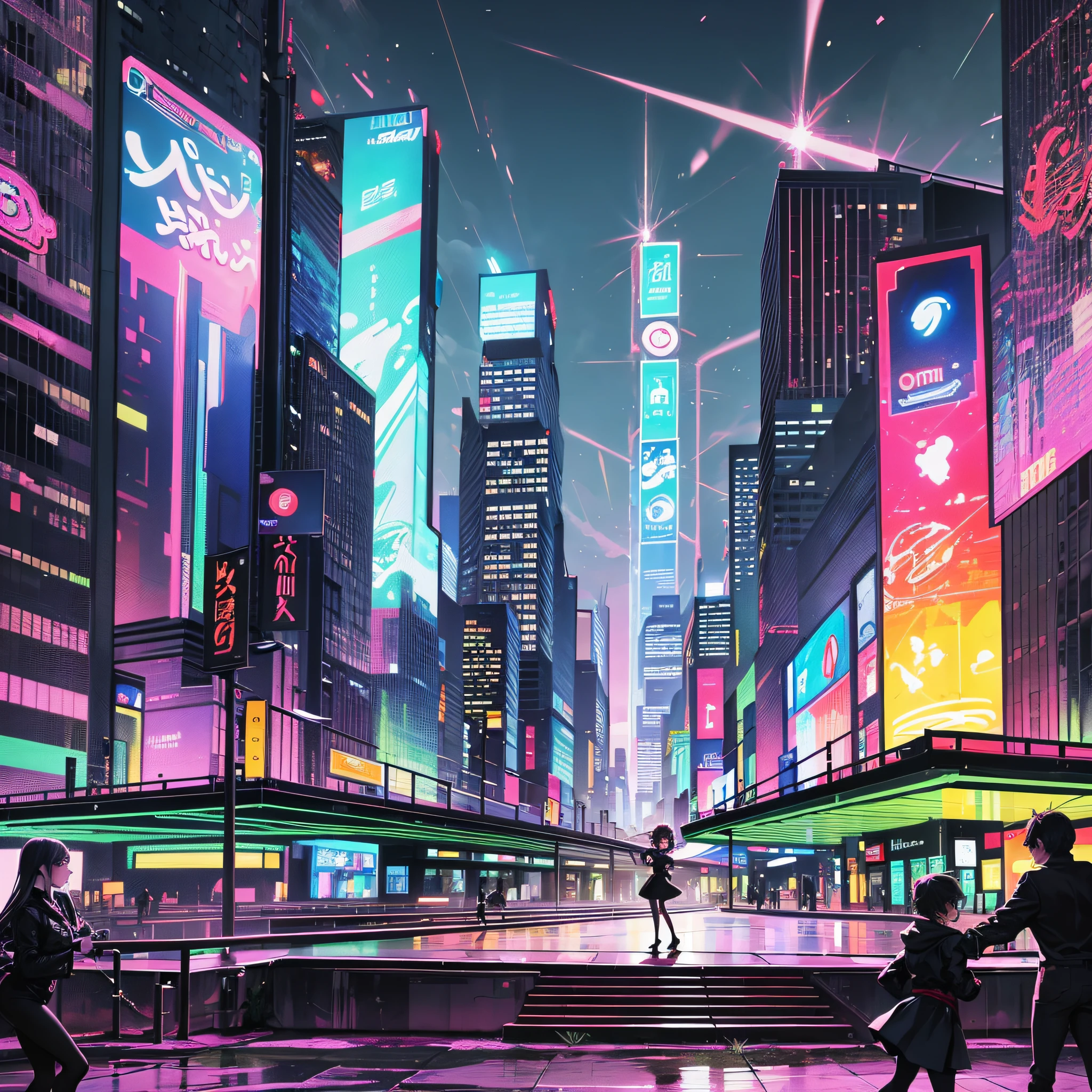 In this illustration, we see a glorious 2D hip-hop event background. The backdrop presents a vibrant and rhythmic city, with high-rise buildings rising from the ground and glass windows to see dancers exuding their passion in the burning neighborhood. The entire background is accented by dazzling neon lights and strong contrasting colors, creating a stimulating, unique atmosphere. Different ground textures and colors intertwine in the background, from smooth metal floors to uneven stone pavements, with a sense of chaos and vibrancy between the spacings. The lights of the night sky also join the dancing stage, creating a dreamy and mysterious atmosphere. The whole illustration exudes a unique energy that encourages the dancers to display their most intense and cool moves in the city. --auto --s2