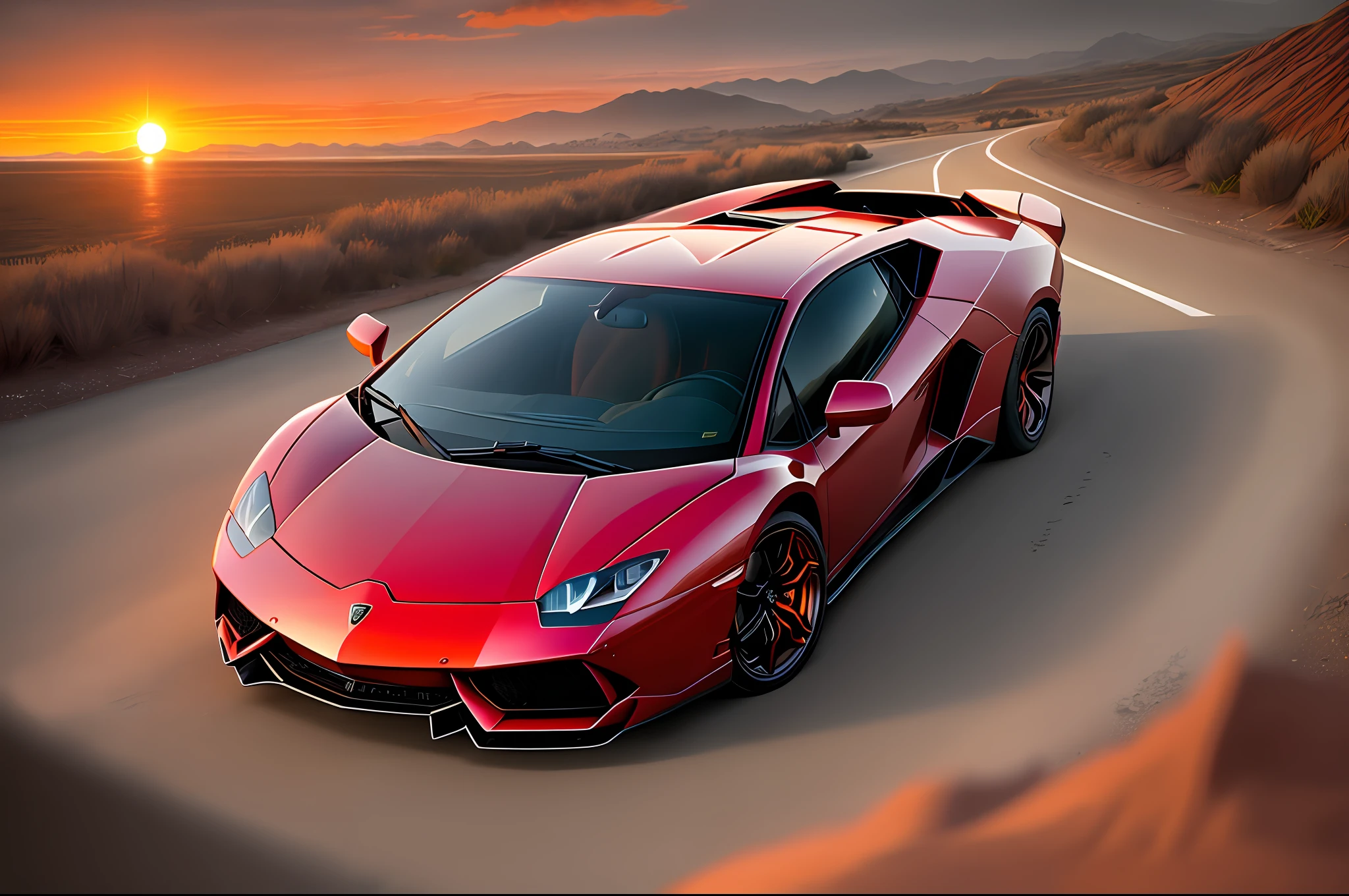 Cinematic photo, Extremely detailed, extremely realistic, Red Lamborghini at orange sunset
