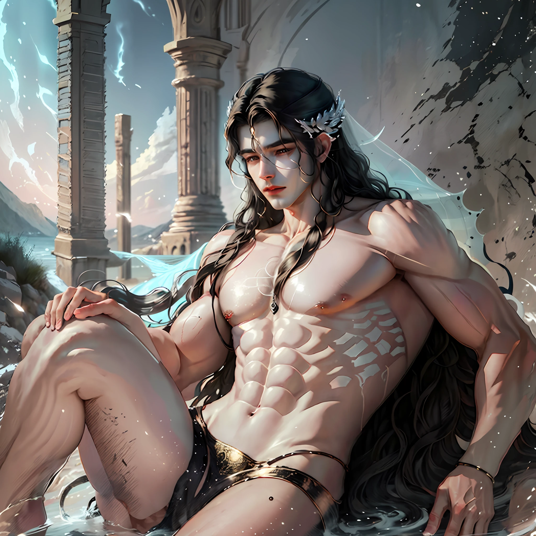A surreal and ethereal landscape of the Greek God Hades muscular seductive and virile, with long black hair and beautiful perfect face, strong and perfect body --auto --s2