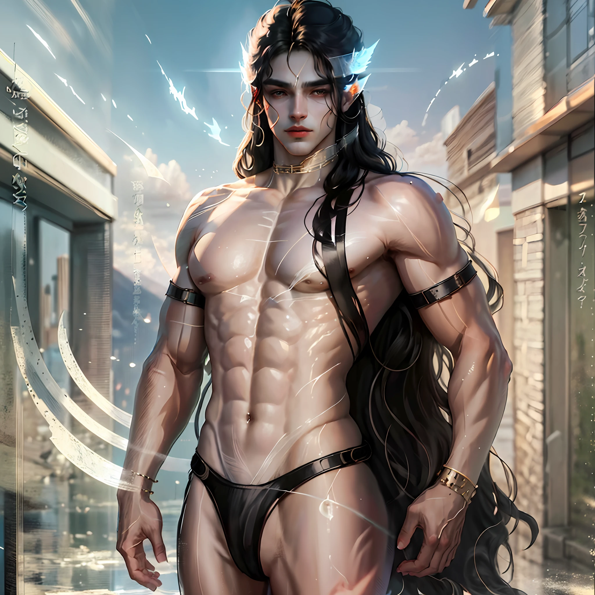 A surreal and ethereal landscape of the Greek God Hades muscular seductive and virile, with long black hair and beautiful perfect face, strong and perfect body --auto --s2