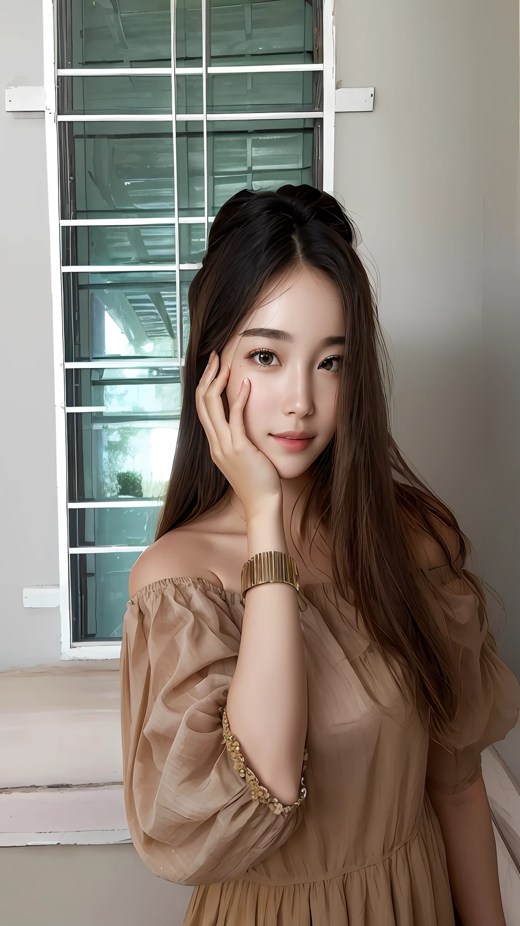 "Masterpiece quality, ultra high resolution, (photorealistic:1.4), raw photo, 1girl in a white off-shoulder dress, surrounded by a field of blooming flowers, radiant skin and a light smile."