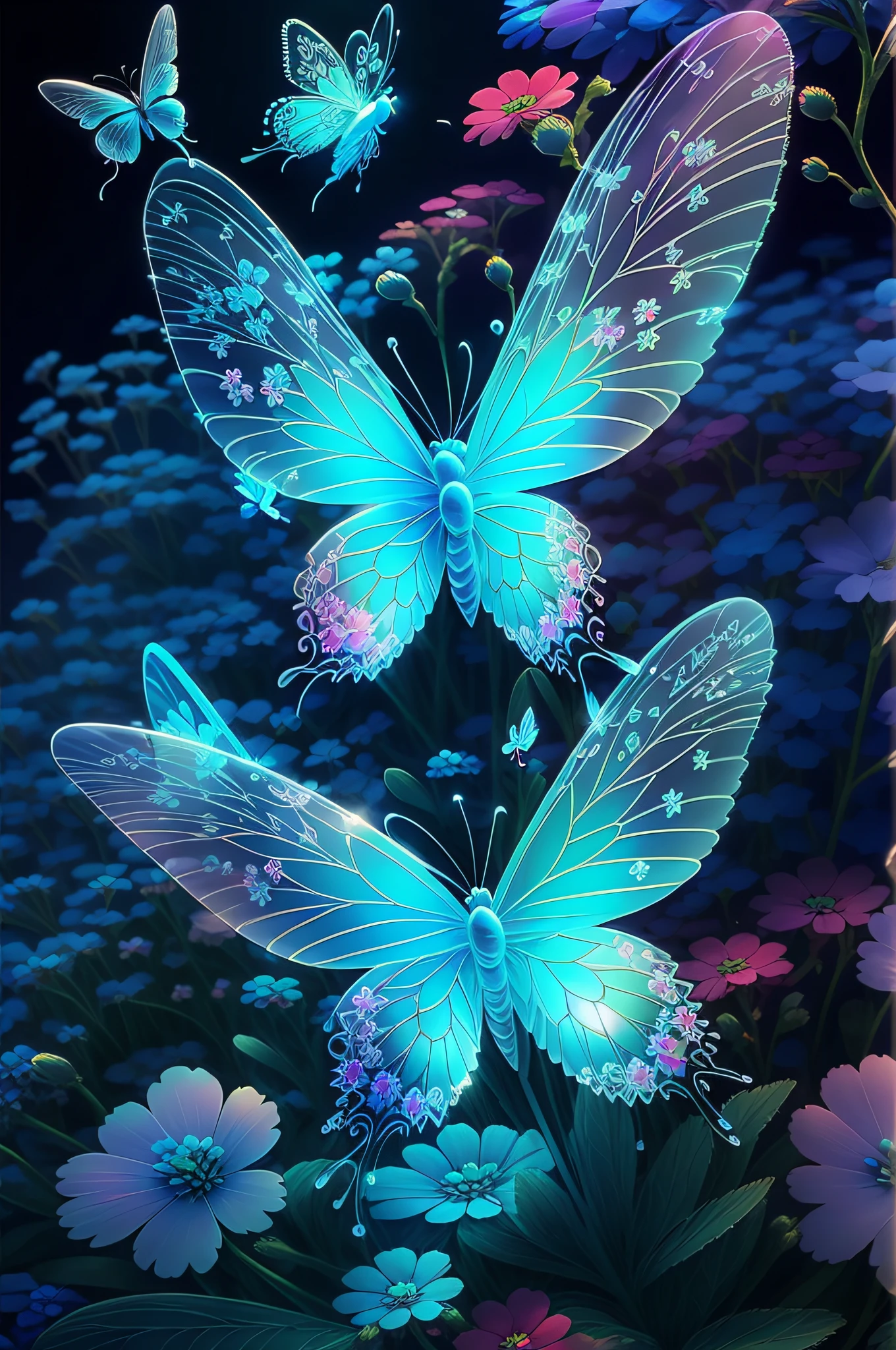 a beautiful 3d spectral crystal flower, soft fairy mist forget-me-not, transparent petals, colorful butterflies flying around the forget-me-not,raspberry bush,blueberry bush.