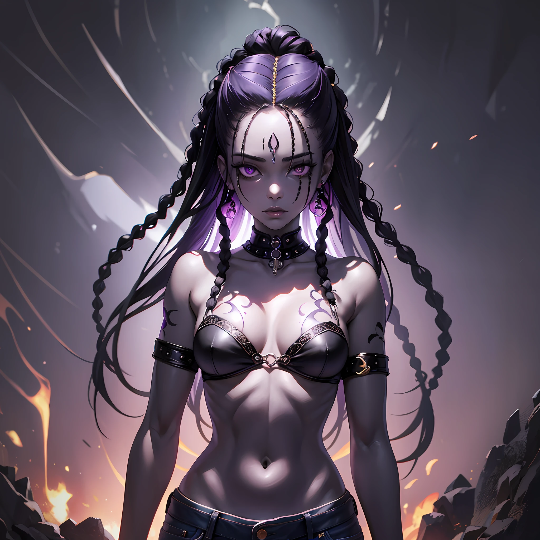 Master in voodoo, female, woman, slender body, black, braids in the hair, rastafari, ultra realistic, holding voodoo doll with both hands, black smoke surrounds the body of the character, jeans, purple blouse, super detailed white tattoo of skull on the face, object with the same theme, very bright totally white eyes, UHD, super defined details --auto --s2