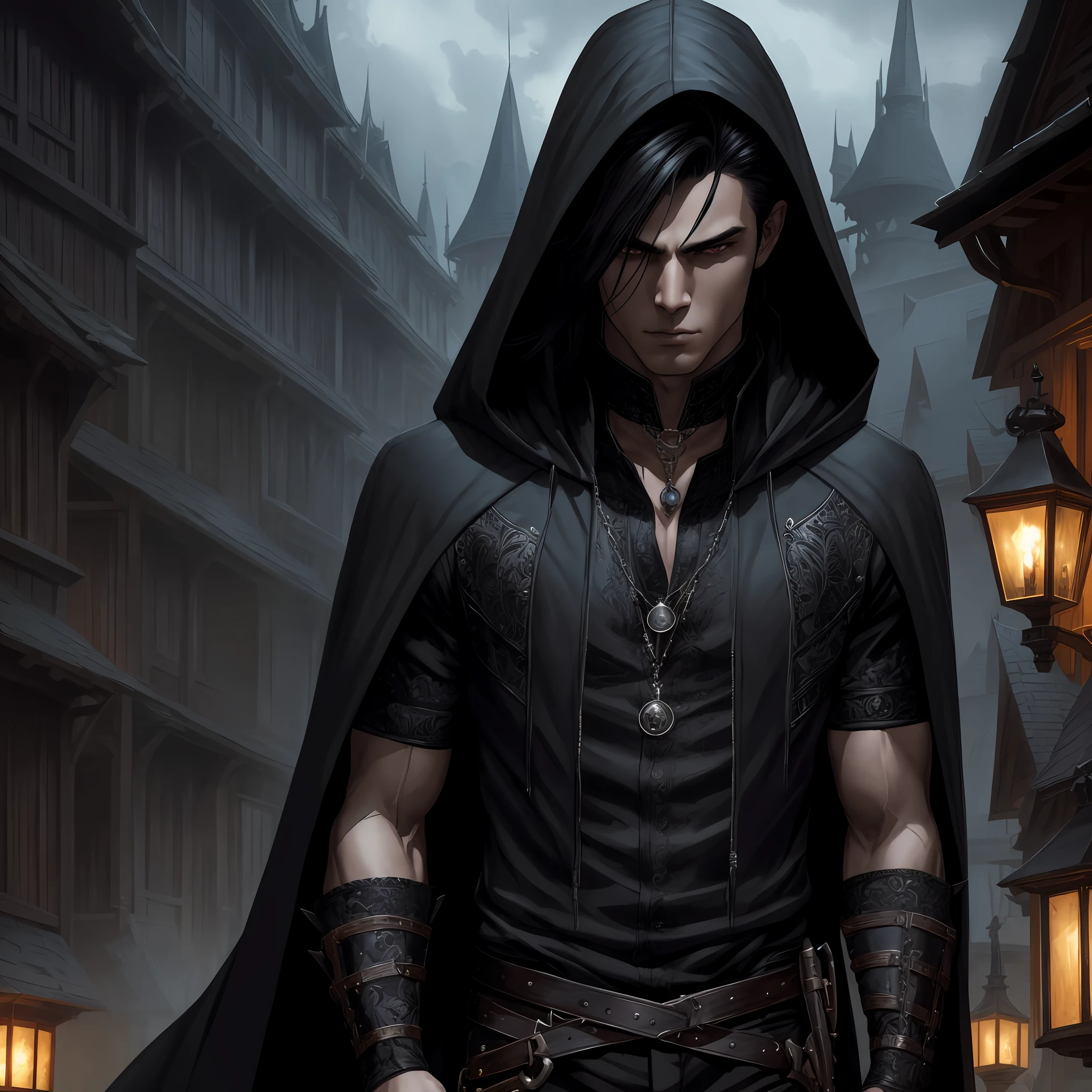alluring highly detailed wallpaper of beautiful man with black haired wearing a dark clothes, dark skin, vampire, serious, hooded, goth style, living in dark Village, darkness, very detailed, realistic, by Stanley Artgerm Lau, greg rutkowski, thomas kindkade, alphonse mucha, loish, norman