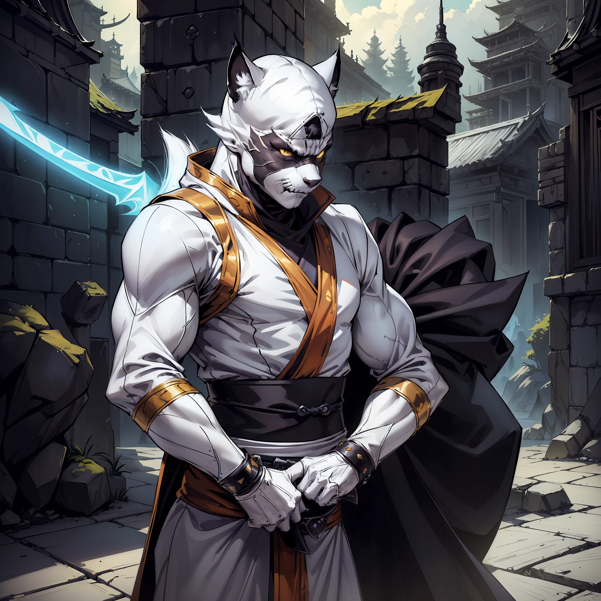 (extremely detailed 8k wallpaper:1.2), (best quality:1.2), (adventure and fantasy theme), profile (Paizo Pathfinder RPG character and Dungeons & Dragons), (cat-man), (((catfolk race))), strong, sharp focus, (subsurface scattering:1.1), award-winning photography, ((White Ninja Catman Class:1.3)), ((half-body shot:1.1)), centered face, white-furred feline head, yellow eyes:1.2, (((((white old ninja costume)))), oriental gun in hand (standing before oriental monastery:1.3), (very detailed background:1.2),dramatic lighting, sfw