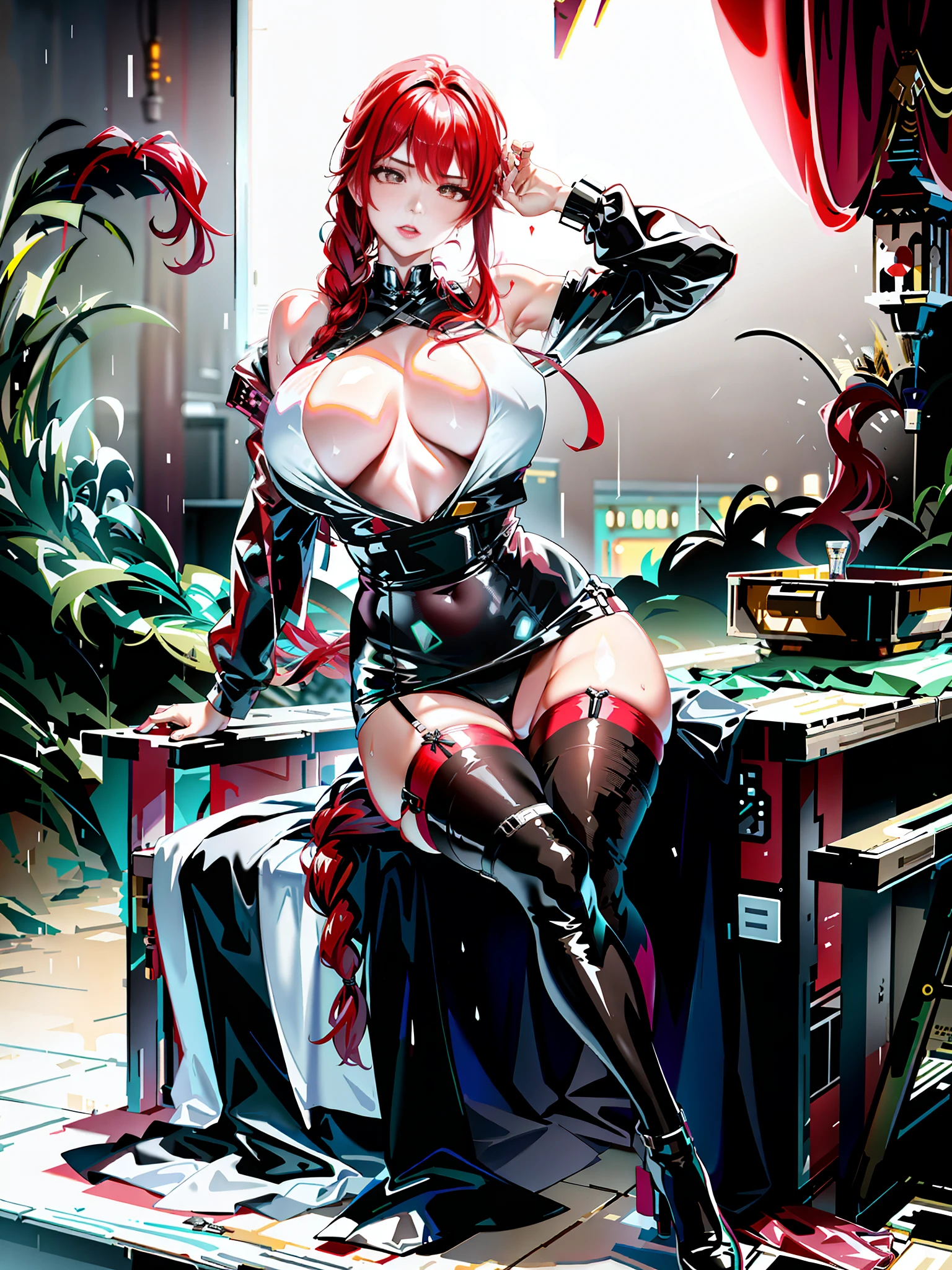 Verism,fisheye, textured skin, super detail, best quality, retina, 16k,anatomically correct,god rays,crystal hair, red hair, braided ponytail, heart-shaped pupils, glaring, yellow eyes, (Detailed cyberpunk background: 1.1) Underground street style background, (clothes wet with water) (completely transparent plastic top) (red suspender stockings, red stockings, high-gloss stockings) fleshy thighs tightened by red high-gloss suspender stockings, huge sagging breasts. (open neckline, transparent high-forked low-neckline cheongsam, revealing red high-gloss X-shaped bra under transparent tulle), outermost transparent gauze on body, painting, (best quality, 4k, Masterpiece: 1.4), Beautiful Woman, Surreal, 1 Girl, ((Facing the viewer, stroking the side of your chest with both hands)), (Sagging huge breasts, attractive body: 1.8), Sit-ups: 1.1, Long red hair: 1.8, (Wet rain, rain wet, wet body: 1.7), ultra-detailed face, detailed lips, detailed eyes, double eyelids, sexy low neck dress, open neckline, hanging breasts, side pose, visible curves, pool party, poolside, transparent clothes, Muscle-turning legs