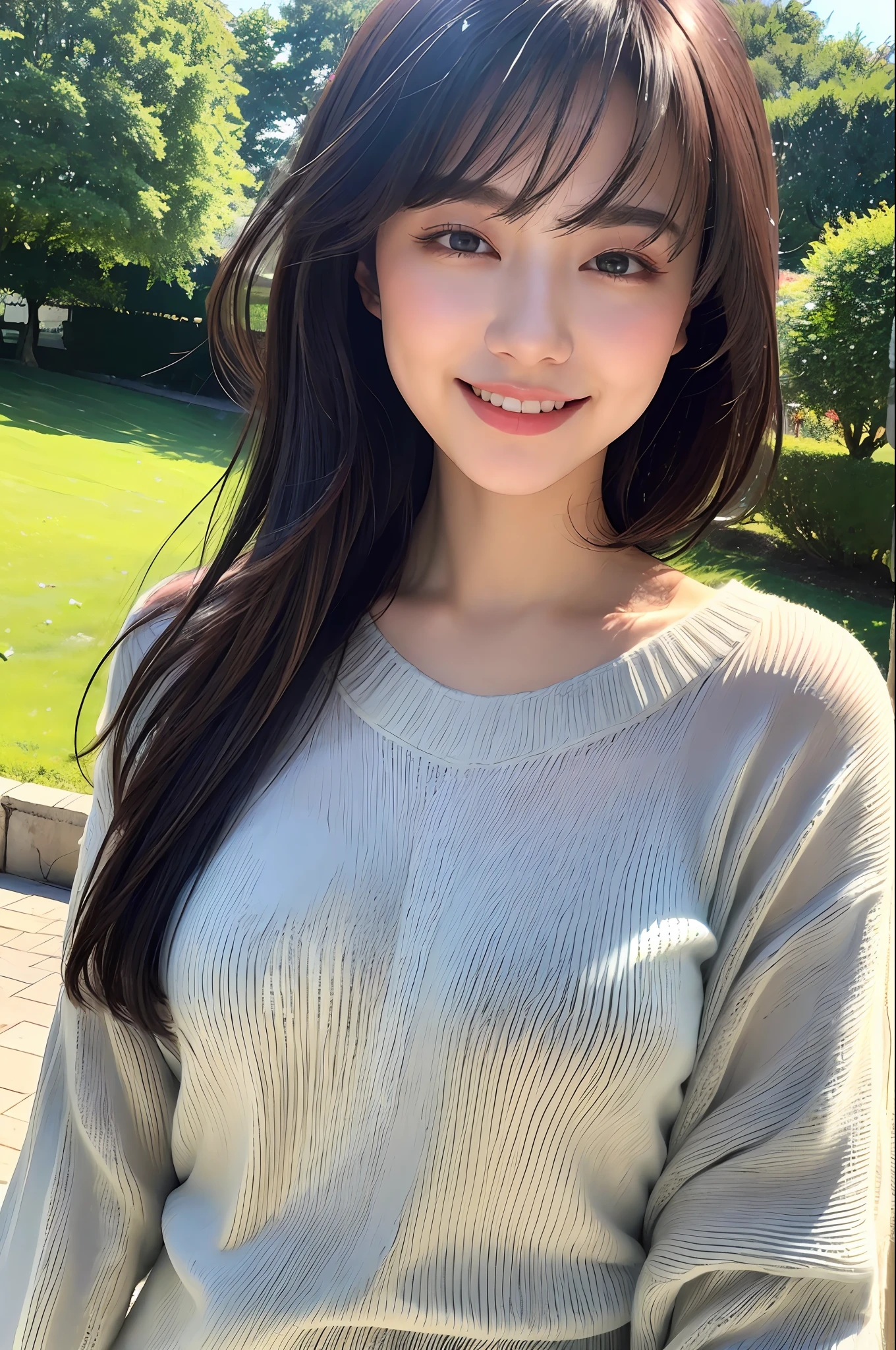 Top Quality, Masterpiece, Ultra High Resolution, (Photorealistic: 1.4), Diagonal Landscape, 1 Girl, Dark Hair, (Bobobs Cut: 1.4, Bangs), Smile, Glossy Skin, Dramatic Lighting, Neatness, T-Shirt, White Summer Sweater, (Big: 0.9), Park