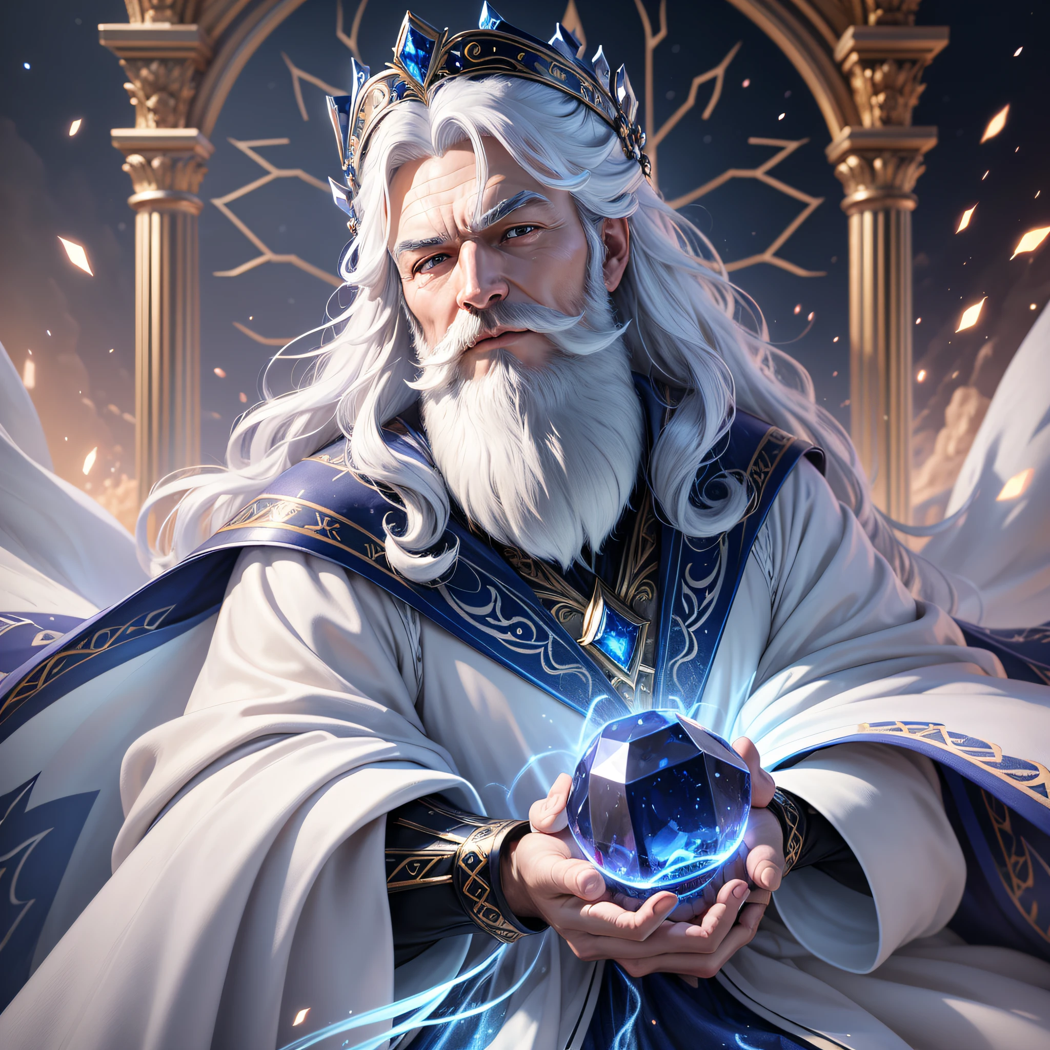 (extremely detailed CG unity 8k wallpaper, masterpiece, best quality, ultra-detailed), floating, regal, powerful, sapphire blue throne, majestic God, intense shine, (sapphire hair:1.2+snow-white beard:0.9+white clothing:0.9),beautiful, stunning.