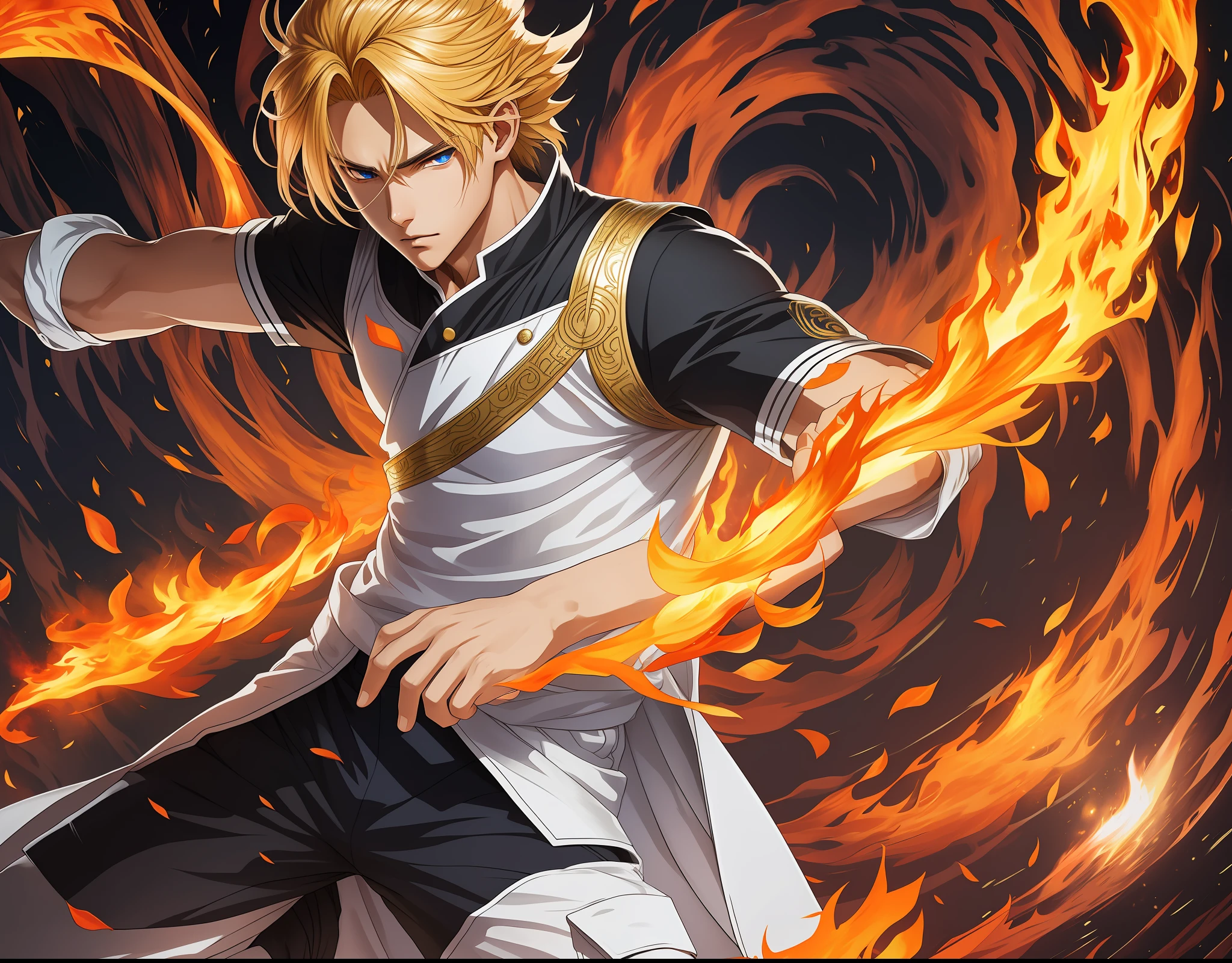 /image prompt:A -yeld an protagonist, he has blonde hair perfectly parted in the middle, which cascades down the sides of his face. His captivating eyes display a light brown hue, reflecting a mixture of curiosity and determination. Wearing an impeccable all-white uniform, closed in front with gold buttons, he conveys an air of elegance and seriousness. Complementing the costume, Takai wears a black cargo shorts that reach down to his knees, giving him a modern and practical look.
However, what stands out most about Takai is the pink fire he emanates from his hands. This vibrant, enveloping flame creates a beautiful and powerful contrast to its serene appearance. The fire dances and ripples gently around you, evoking a sense of energy and passion. This manifestation of the element of fire is a visual representation of your inner strength and determination. Anime 2d. --auto --s2