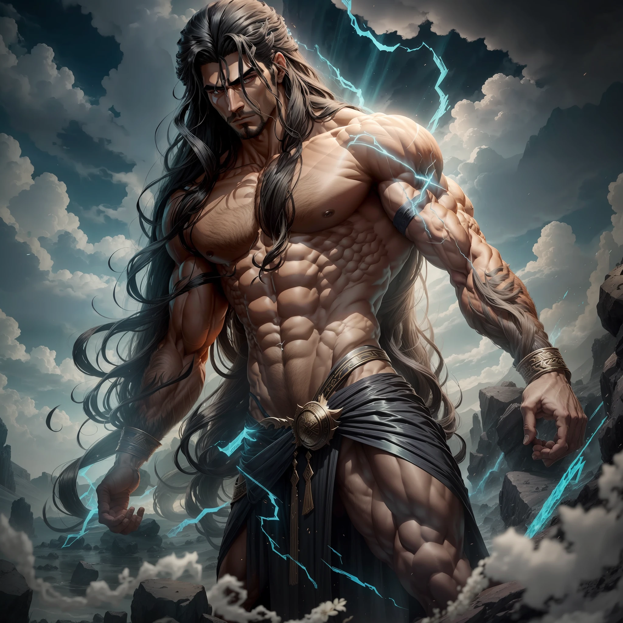 A surreal and ethereal landscape of the Greek God Hades,muscular seductive, with long black hair and serious face, strong and perfect bodyand masculine features --auto --s2