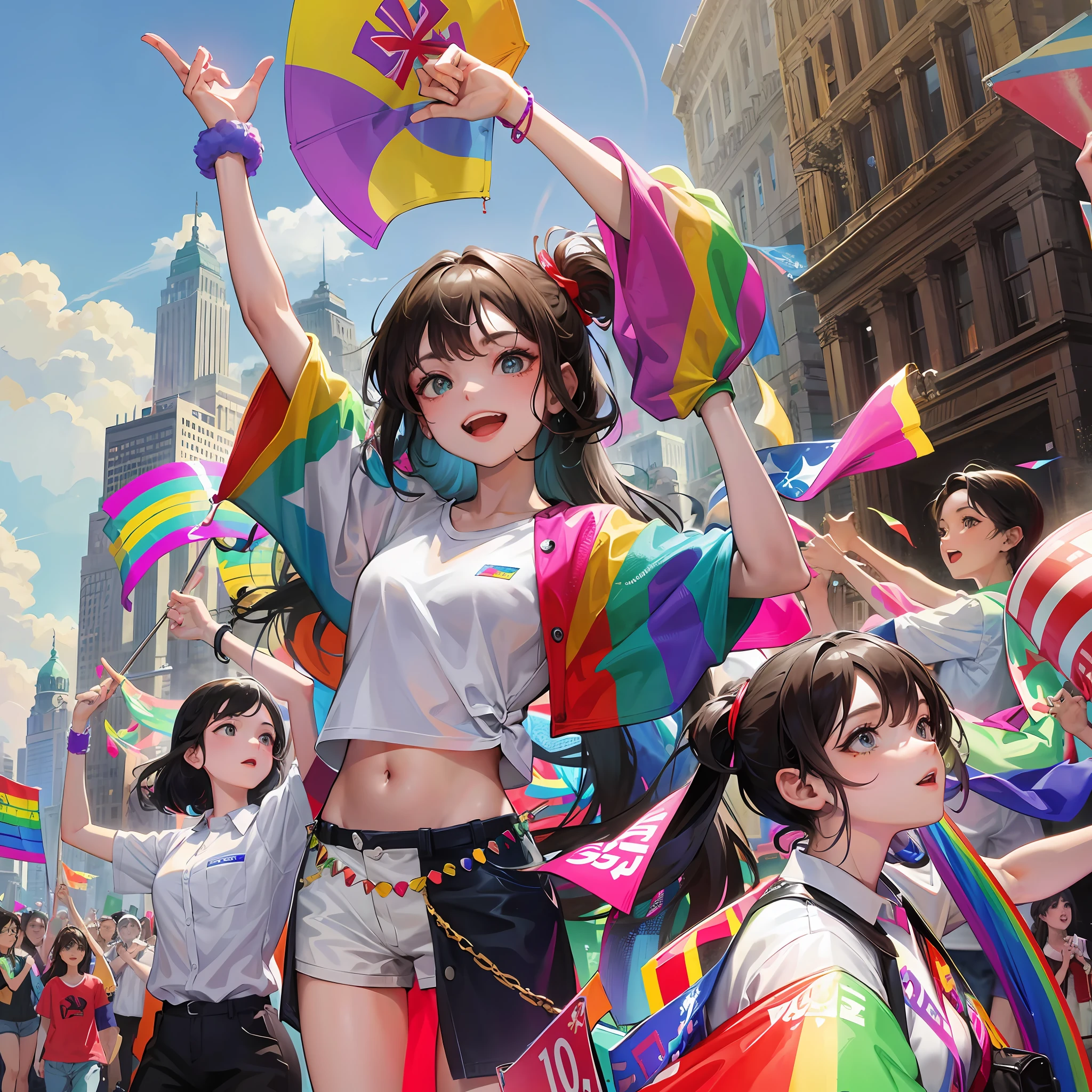 Create an image of Pride Day as a crowd of people, various ethnicities, with arms raised and the colors of the rainbow on clothing and flags, celebrating diversity and inclusion. --auto --s2