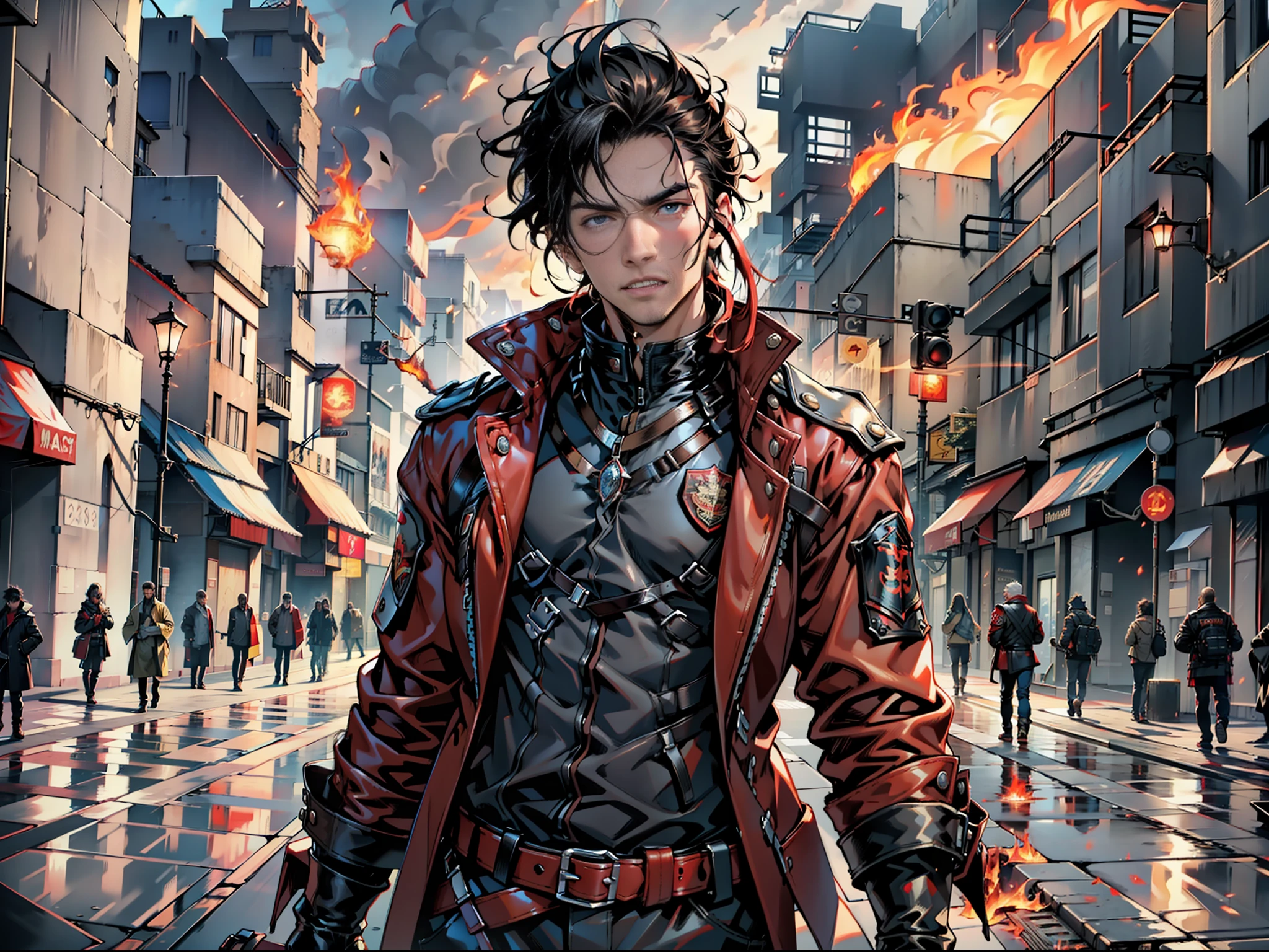 Delicate facial features, perfect face, glowing skin, best image quality, 8k resolution, panoramic A very handsome male, off-the-shoulder, street style red jacket, black leather gloves, fire magic, fire coat of arms, majesty, blazing fire, sparks, splashes, splashes