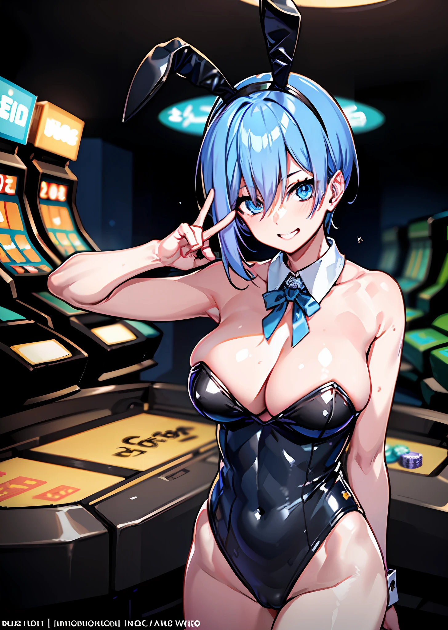 masterpiece, best quality, ultra-detailed, illustration, warm lighting, bright colors, 8K wallpaper, 1girl, solo, levia, blue hair, blue eyes, black leotard, fake animal ears, cleavage, detached collar, leotard, playboy bunny, rabbit ears, strapless leotard, bowtie, v, peace sign, bare legs, bare arms, bare hands, casino, gambling, arms behide back, smirk, beautiful eyes, detailed hands,