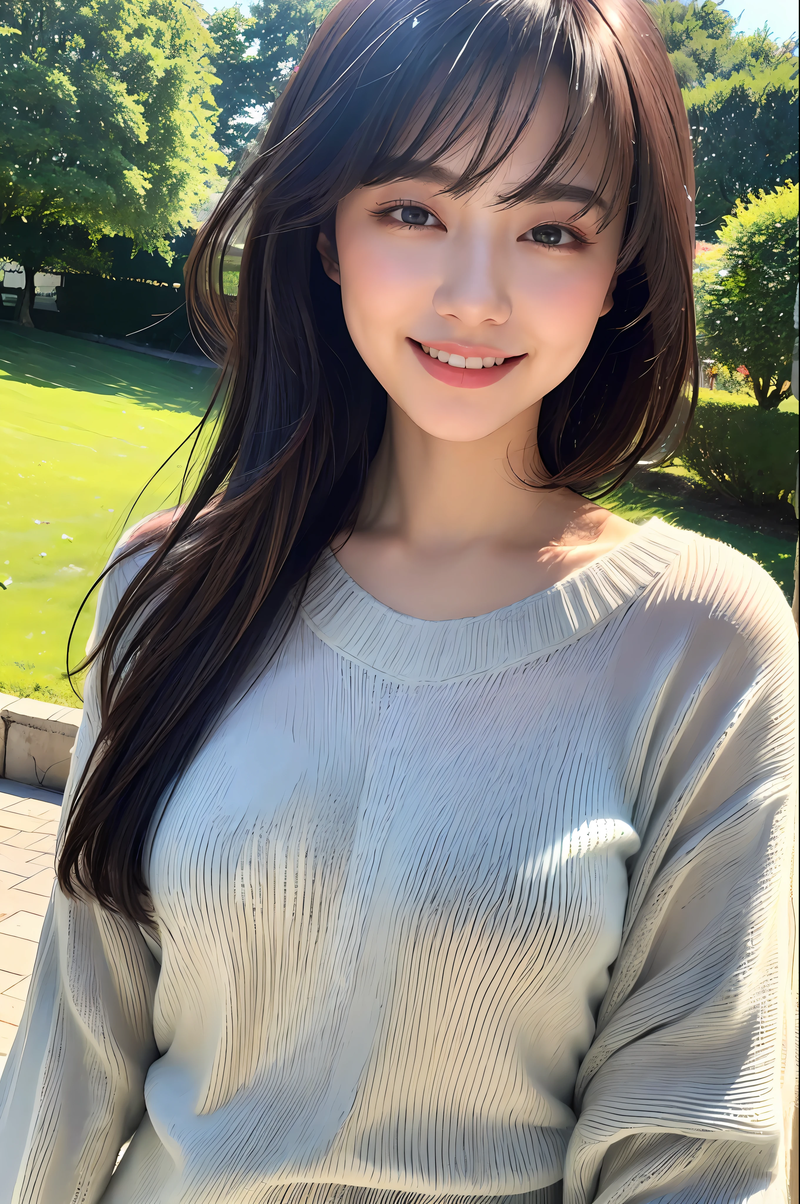 Top Quality, Masterpiece, Ultra High Resolution, (Photorealistic: 1.4), Diagonal Landscape, 1 Girl, Dark Hair, (Bobobs Cut: 1.4, Bangs), Smile, Glossy Skin, Dramatic Lighting, Neatness, T-Shirt, White Summer Sweater, (Big: 0.9), Park