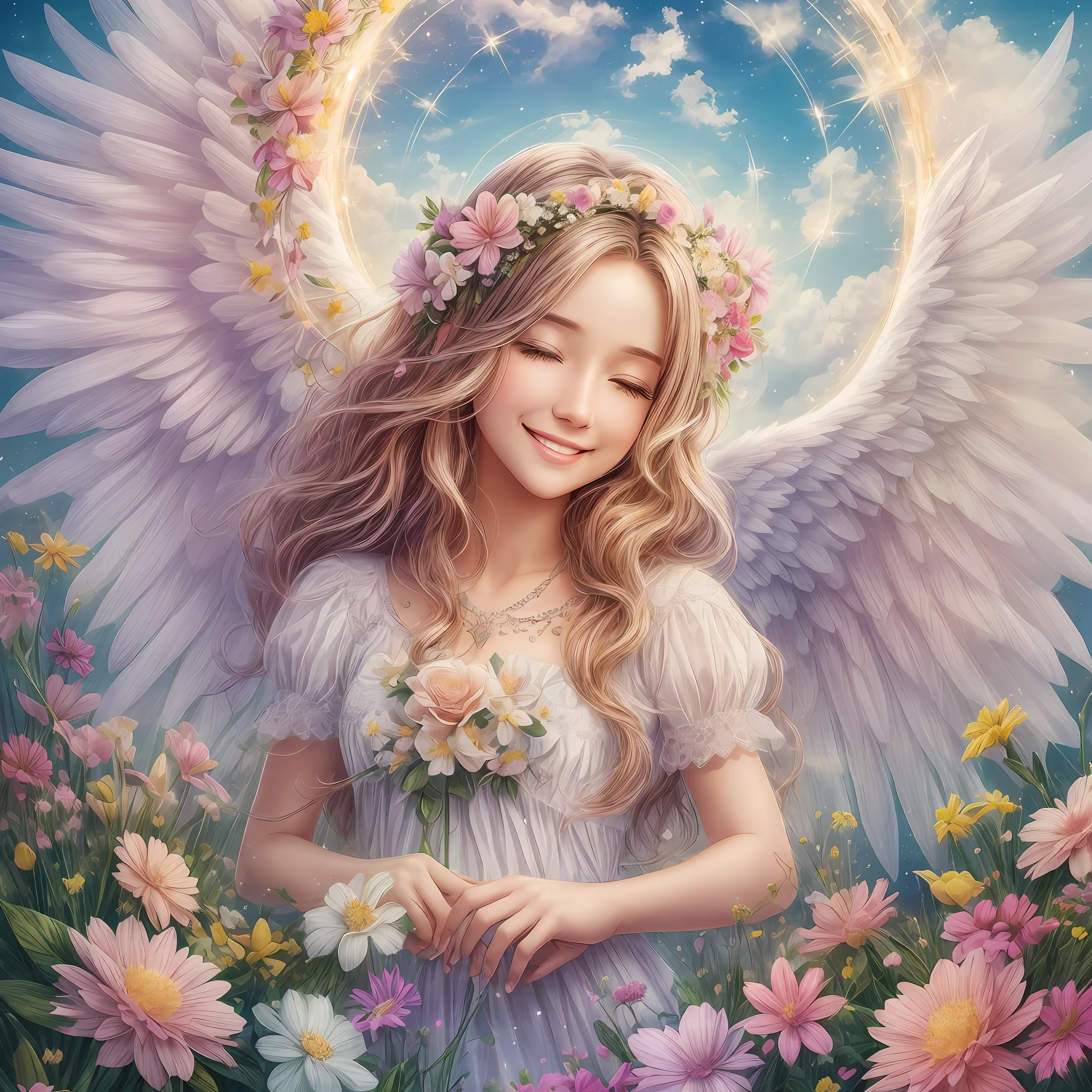angel, light, brilliance, happiness, bright smile, glitter, flowers, flower garden, halo, clouds --auto --s2