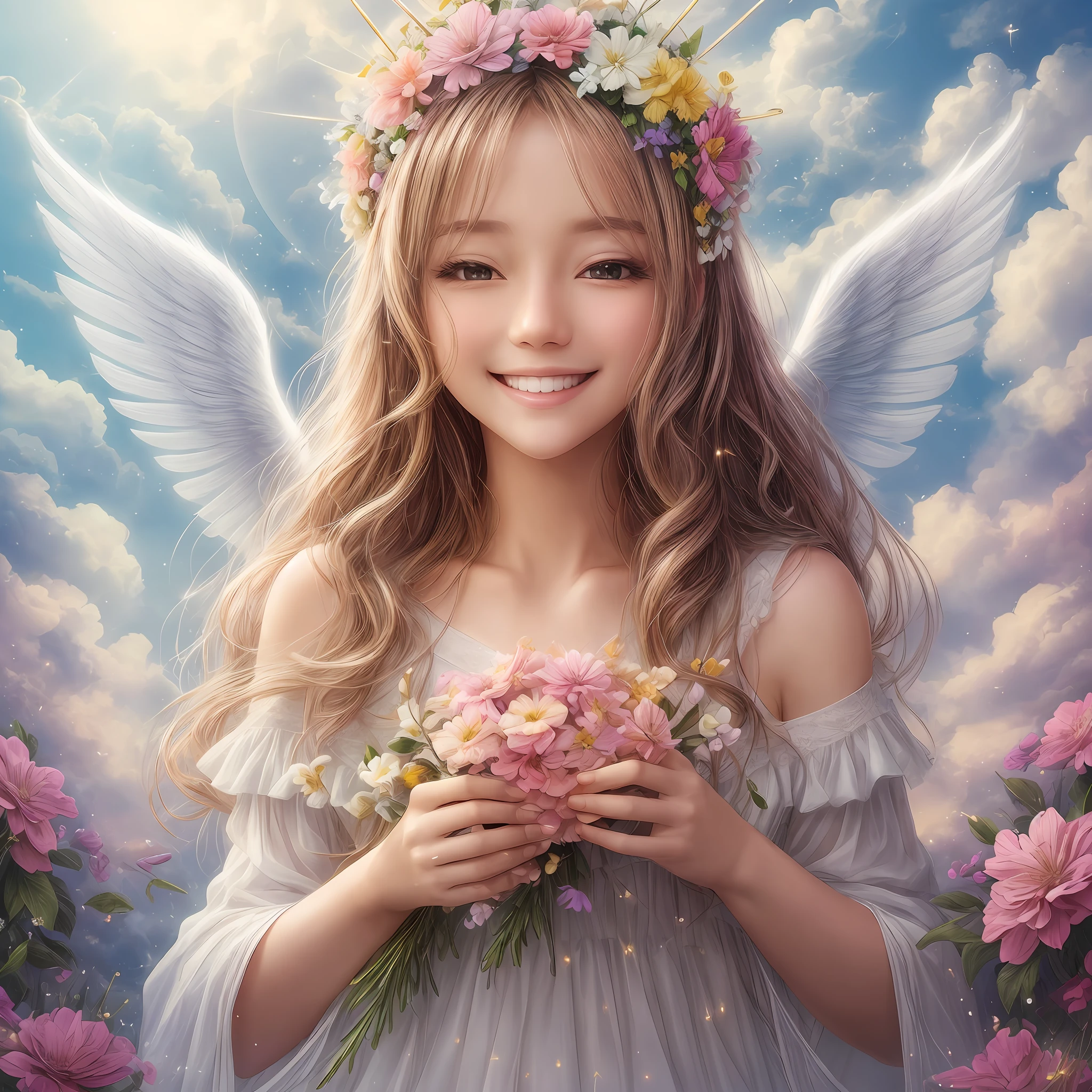 angel, light, brilliance, happiness, bright smile, glitter, flowers, flower garden, halo, clouds --auto --s2