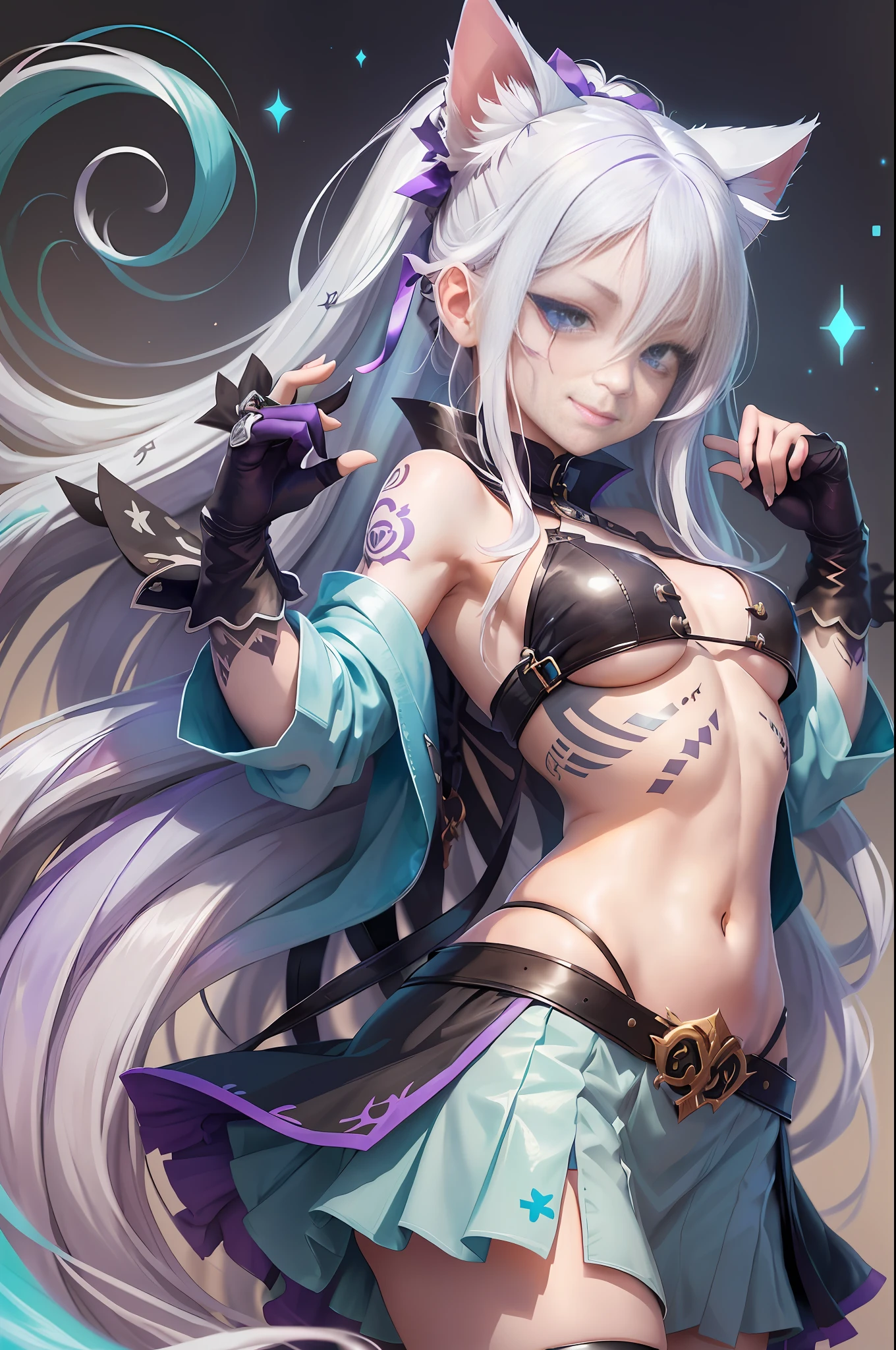 young girl, long white hair, heterohromia (left eye purple, right eye blue), cat ears, inner sideboob, open belly, tattoo, smirk, battle turquoise top, skirt, masterpiece, high quality,