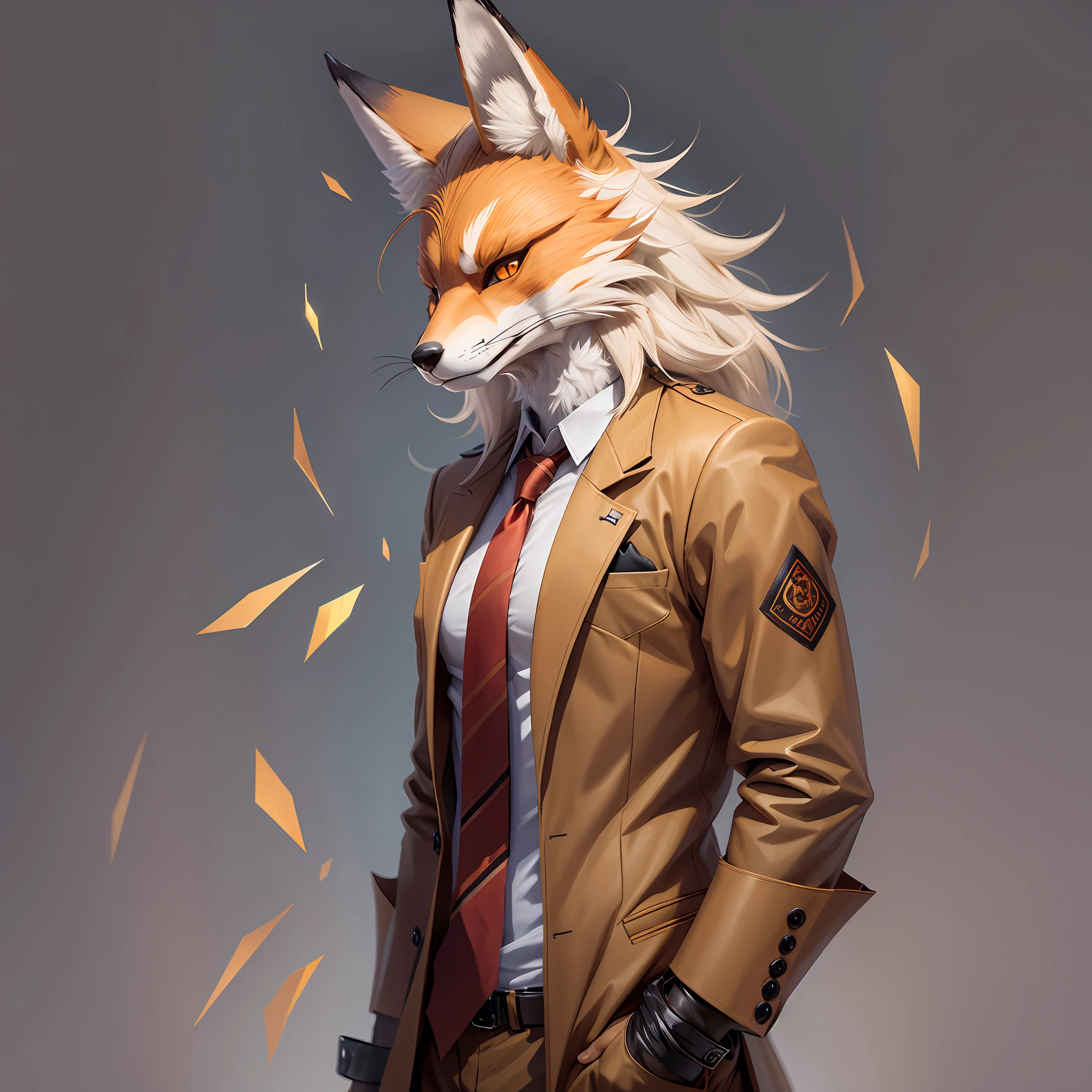 Anthropomorphic fox in human clothes, human fox, male body, fox head, all covered with hair