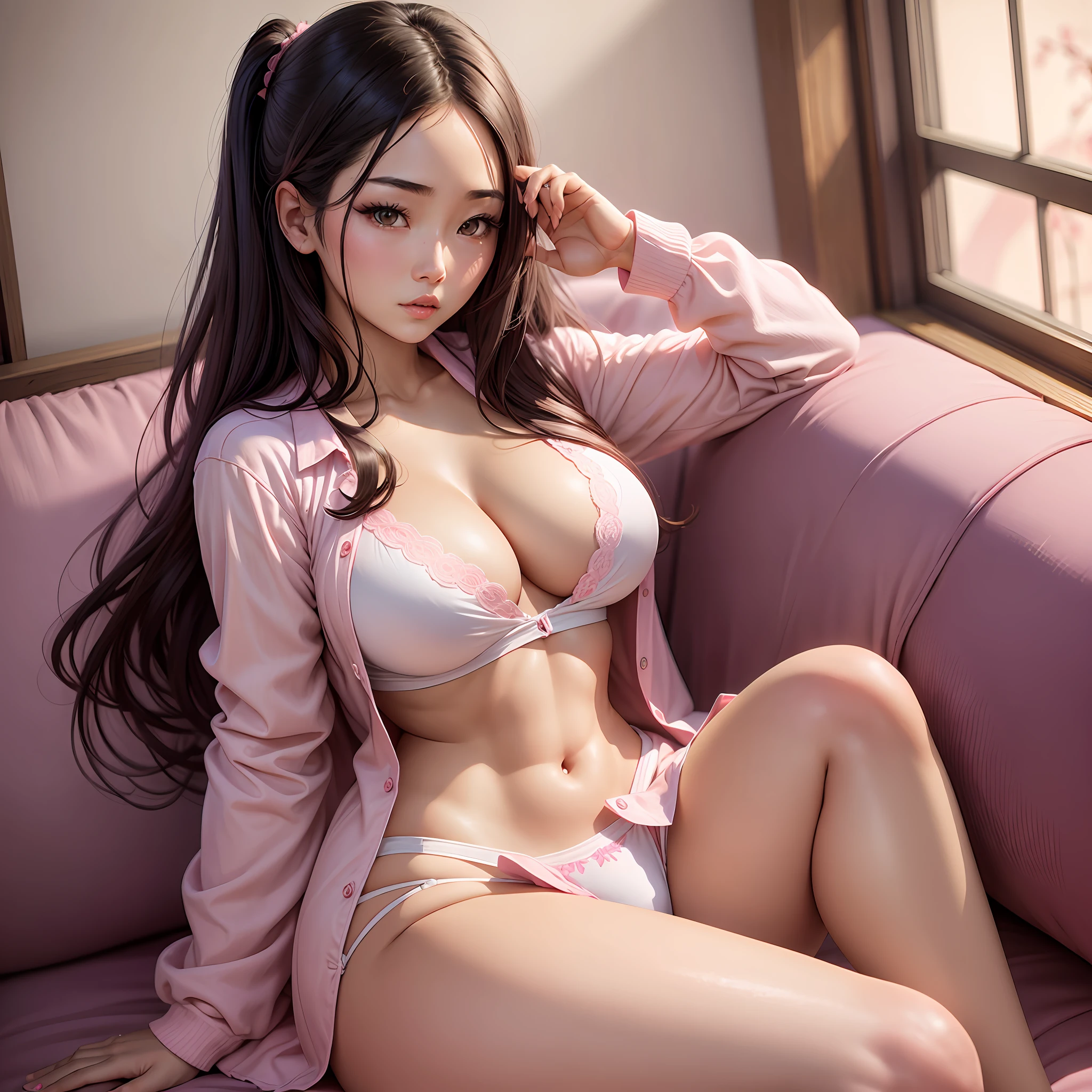 araffed woman in a pink shirt and panties sitting on a couch, sexy girl, japanese goddess, lacey, asian, pink body, soft curvy shape, alexa grace, japanese model, beautiful feminine body, asian girl, soft body, angelawhite, clear curvy details, sexy body, open shirt, sexy young woman, seductively looking in front, beautiful asian girl --auto --s2