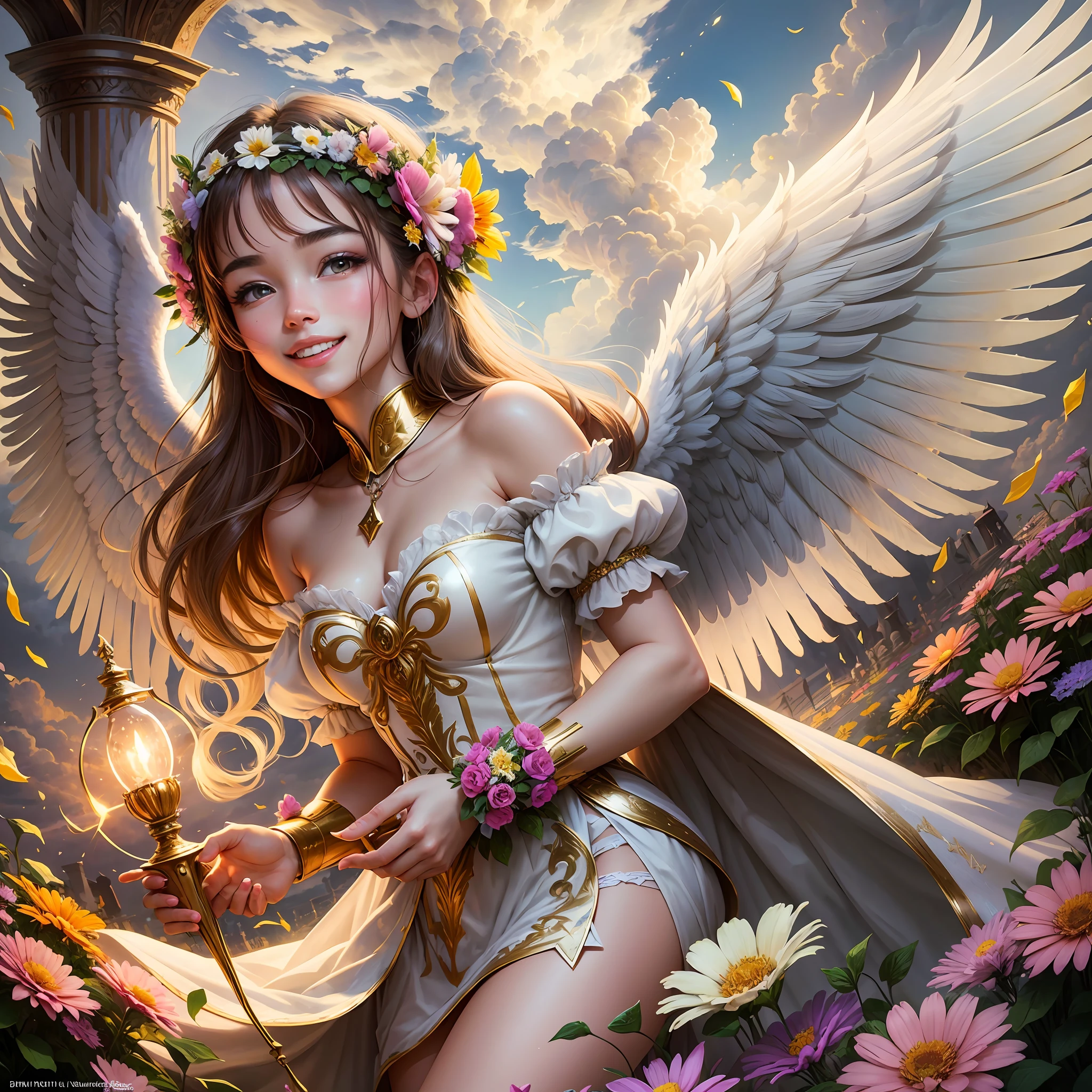 angel wings, Rome, beautiful girl, light, brilliance, happiness, bright smile, glitter, flowers, flower garden, clouds --auto --s2