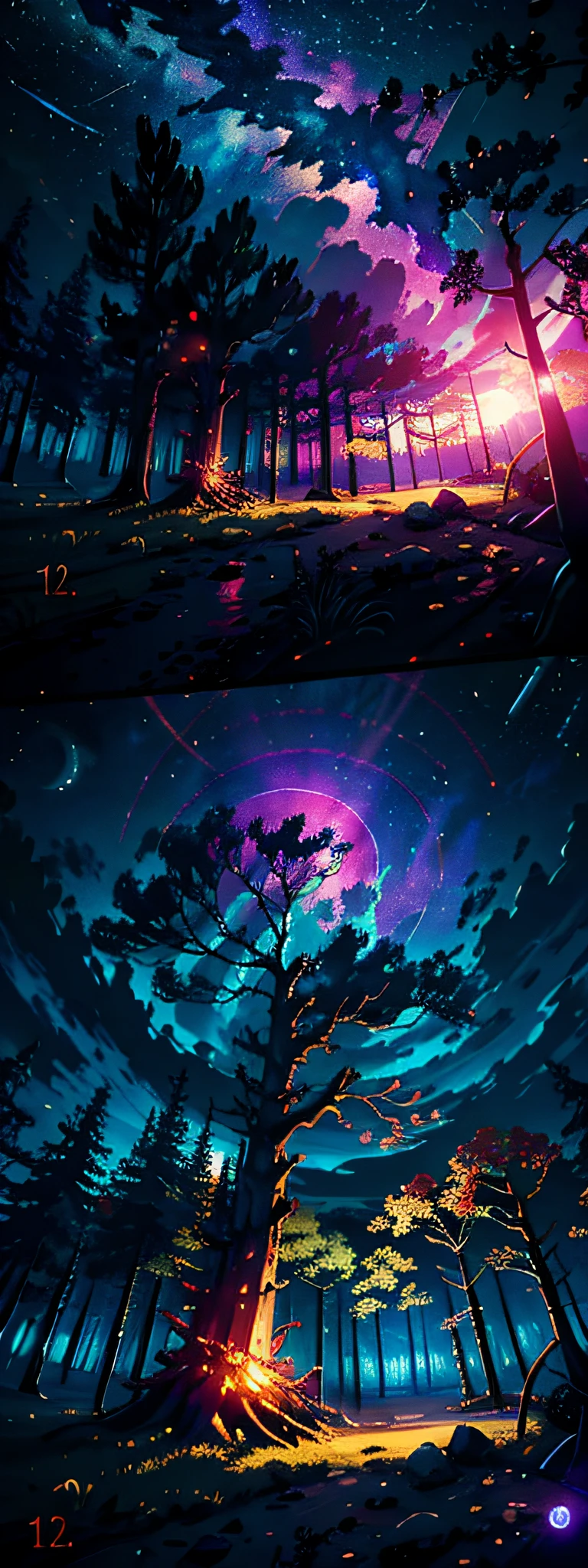expansive landscape photography, (a view from below showing the sky above and the open field below), , (sun : 1.2), (shooting stars: 0.9), (nebula: 1.3), distant mountain , BREAK tree production art, (hot light source: 1.2), (Firefly: 1.2), luminaire, very purple and orange, complex details, volumetric lighting BREAK (masterpiece: 1.2), (best quality), 4k, ultra-detailed , (dynamic composition: 1.4), highly detailed colored details (iridescent colors: 1.2), (bright lighting, atmospheric lighting), dreamer, magician, (solo: 1.2) day