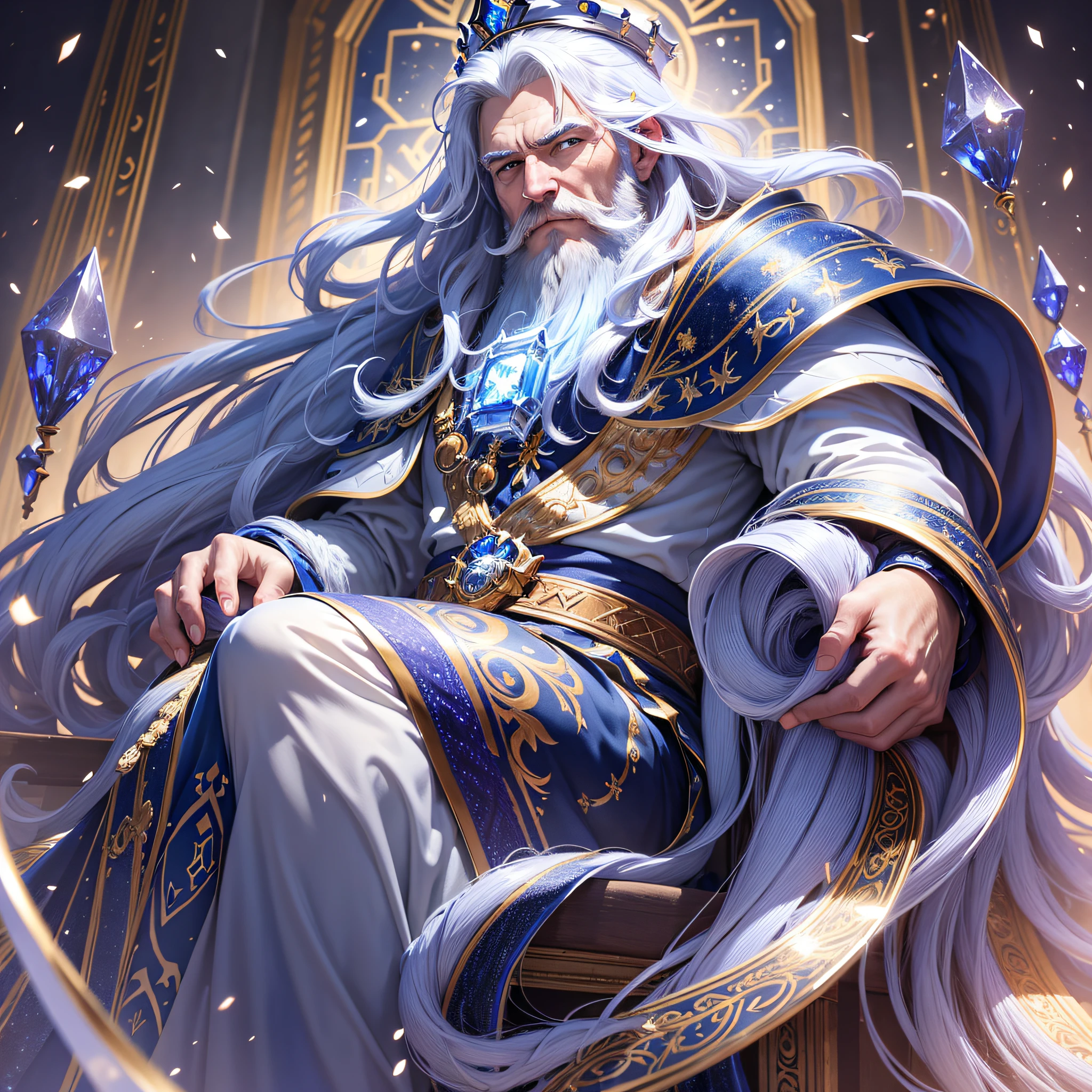 (extremely detailed CG unity 8k wallpaper, masterpiece, best quality, ultra-detailed), floating, regal, powerful, sapphire blue throne, majestic God, intense shine, (sapphire hair:1.2+snow-white beard:0.9+white clothing:0.9),beautiful, stunning.