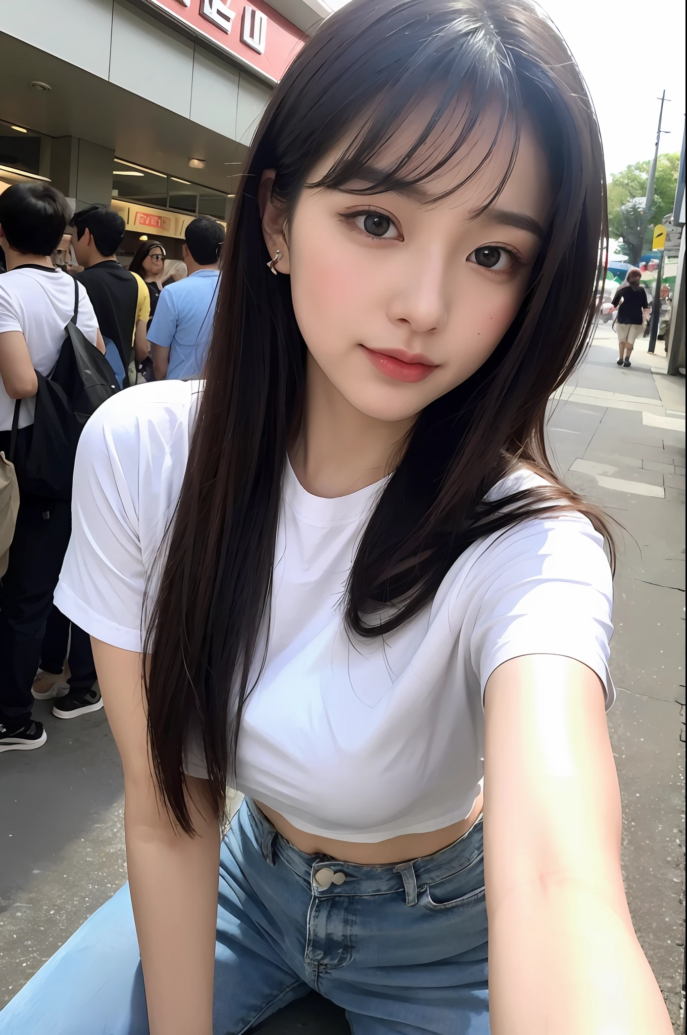 T-back, on all fours, erotic, underwear,, asian, (8k, RAW photo, top quality, masterpiece: 1.2), ultra detail, super resolution, (real, real photo: 1.37), portrait, high definition raw color photo, professional photo, very detailed and beautiful, highly detailed, 8k wallpaper, amazing detail, huge file size, official art, highly detailed CG Unity 8k wallpaper, highly detailed beautiful girl, highly detailed face, highly detailed eyes, highly detailed skin, highly detailed fingers, highly detailed nose, highly detailed detailed mouth, perfect anatomy, highly detailed background, highly detailed clothing, one girl, (18:1.2), teen, cute girl, famous Japan idol, cute, realistic body, petite, white skin, radiant skin, slim body, Handsome body, black hair, long straight hair, (blunt bangs: 1.2), smile, cute, youthful, cute face, realistic face, delicate eyes, sagging eyes, white t-shirt, skirt, earrings, camera gaze, cowboy shot, front-facing, standing, contrappost, high street, public, crowd, dynamic lighting, very large breasts,