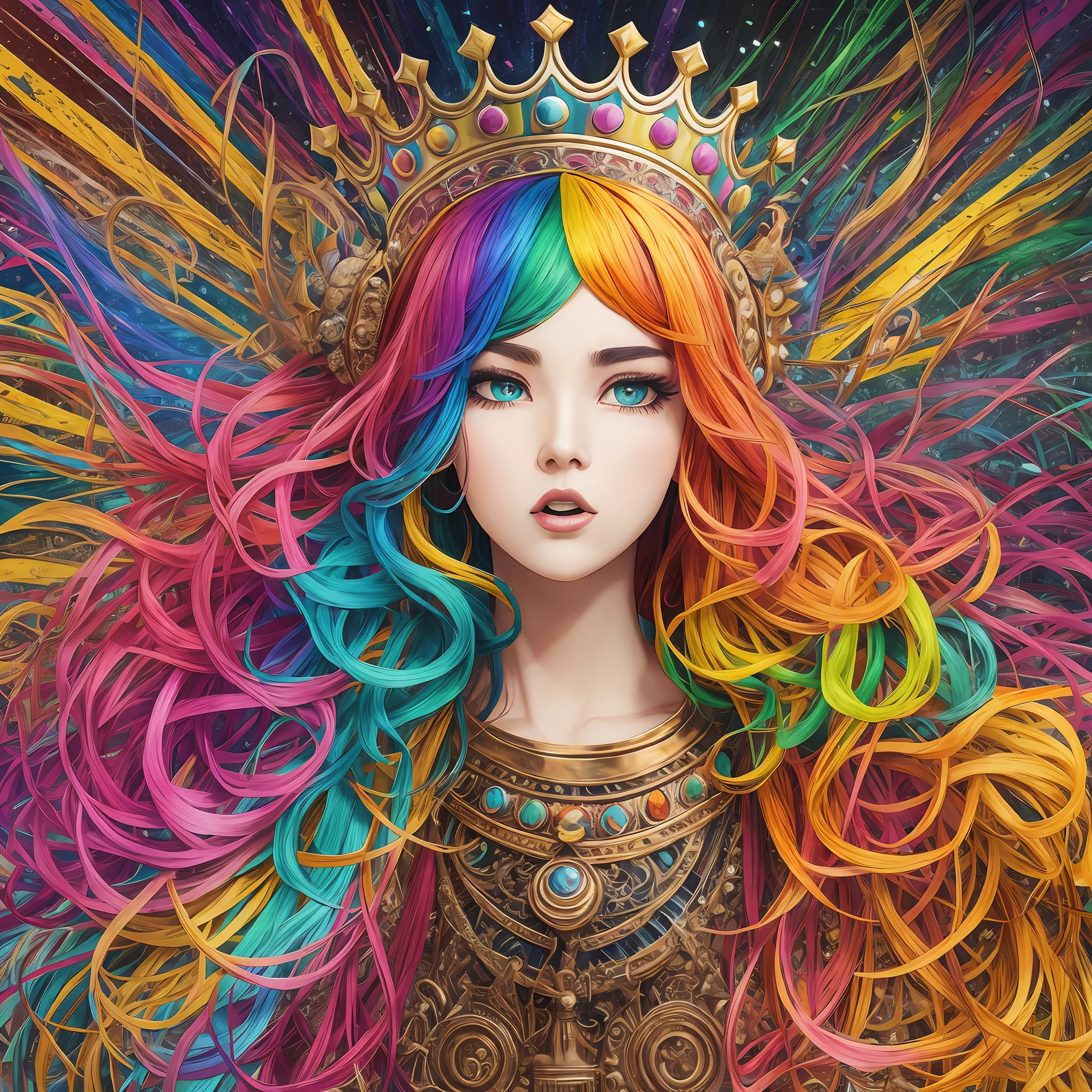 multicolored hair, crown, raised eyebrows, rabbit ears, open mouth, Surrealism --auto --s2