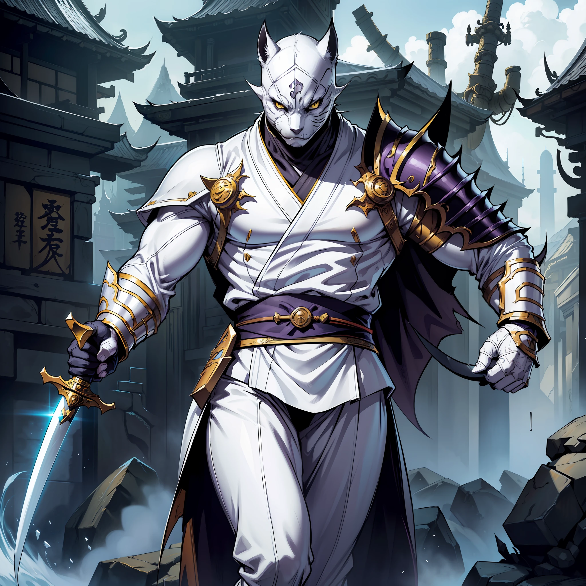(extremely detailed 8k wallpaper:1.2), (best quality:1.2), (adventure and fantasy theme), profile (Paizo Pathfinder RPG character and Dungeons & Dragons), (cat-man), (((catfolk race))), strong, sharp focus, (subsurface scattering:1.1), award-winning photography, ((White Ninja Paladin Catman Class:1.3)), ((half-body shot:1.1)), centered face, white-furred feline head, yellow eyes:1.2,  ((((white costume of ancient ninja))))), oriental weapon in hand (standing in front of oriental monastery:1.3), (very detailed background:1.2),dramatic lighting, sfw