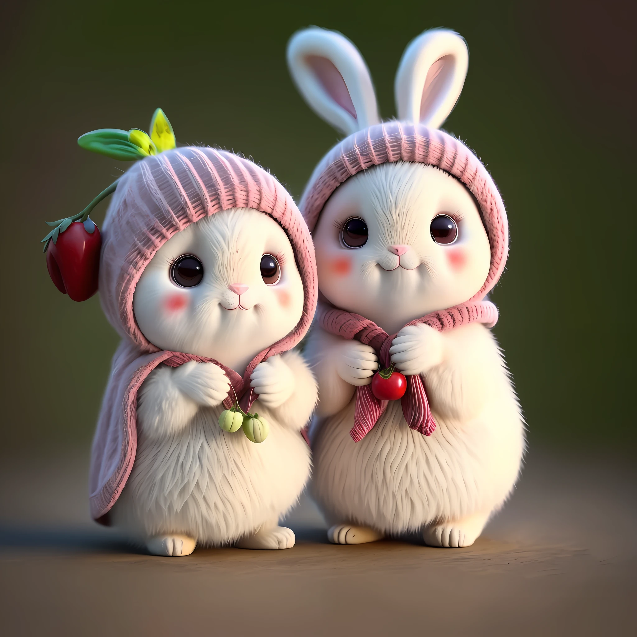 : 3. Rabbit, realistic, hairy, clothed animal, apple, dark circles, blush, cherry, food, fruit, full body, hat, non-human, strawberry, tomato, watermelon