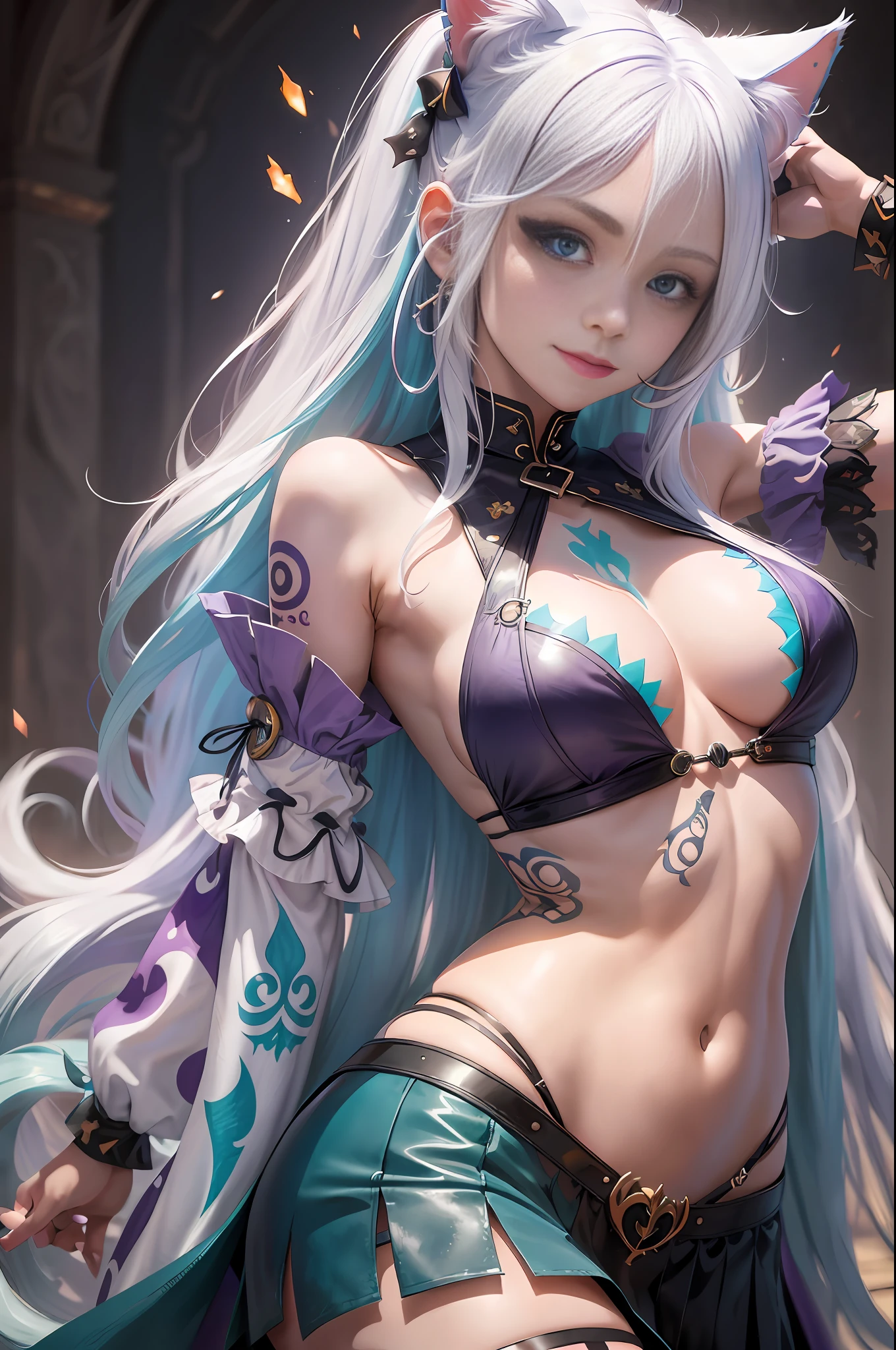 young girl, long white hair, heterohromia (left eye purple, right eye blue), cat ears, inner sideboob, open belly, tattoo, smirk, battle turquoise top, skirt, masterpiece, high quality,