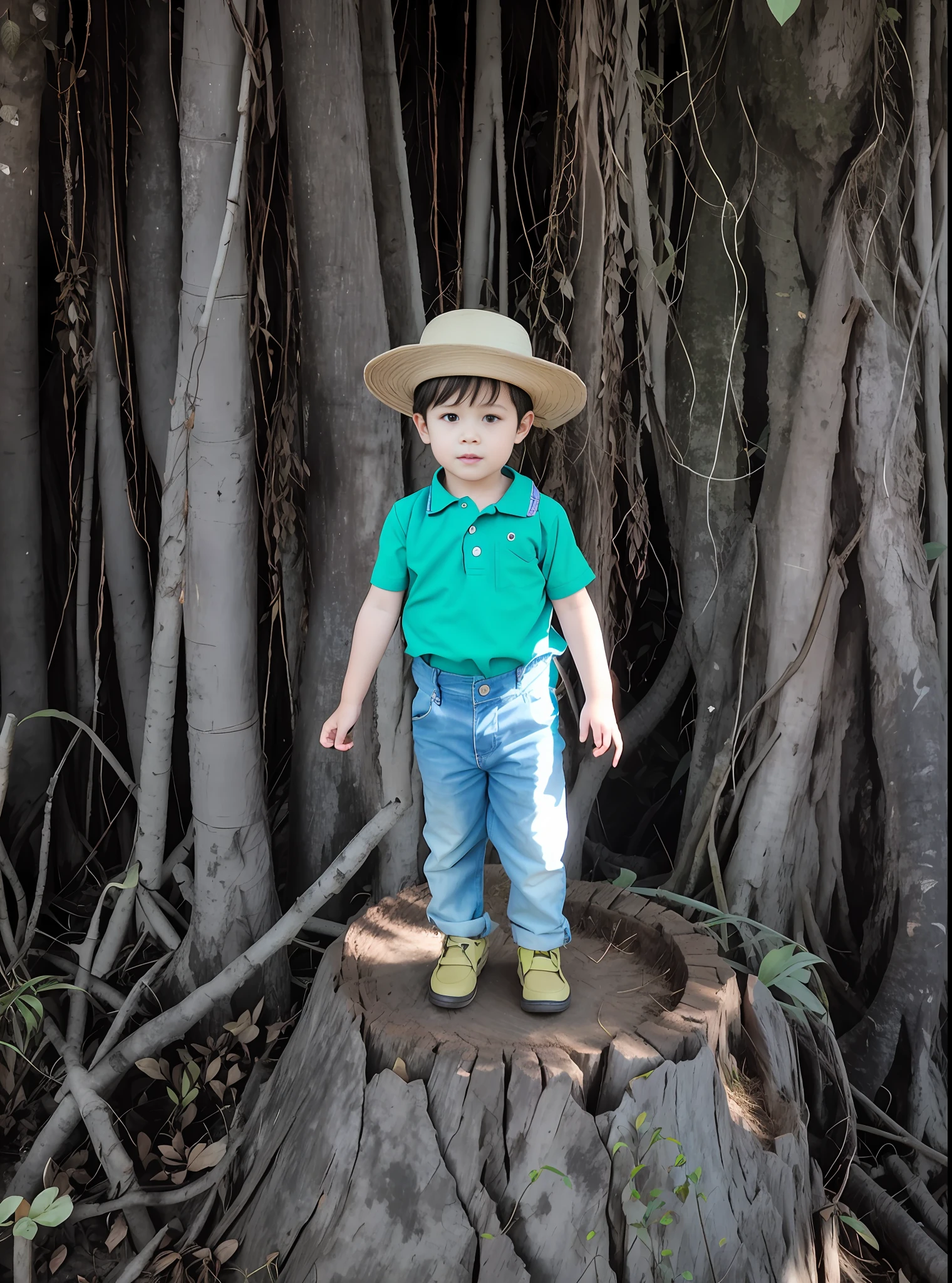 arafed boy in a hat standing on a tree stump, wearing a straw hat and overalls, 2 , 4yr old, sg in a botanical garden, 5 years old, withree, four years old, in the tropickid, full body photograph, in a jungle environment, standing on a forest, in a tropical forest