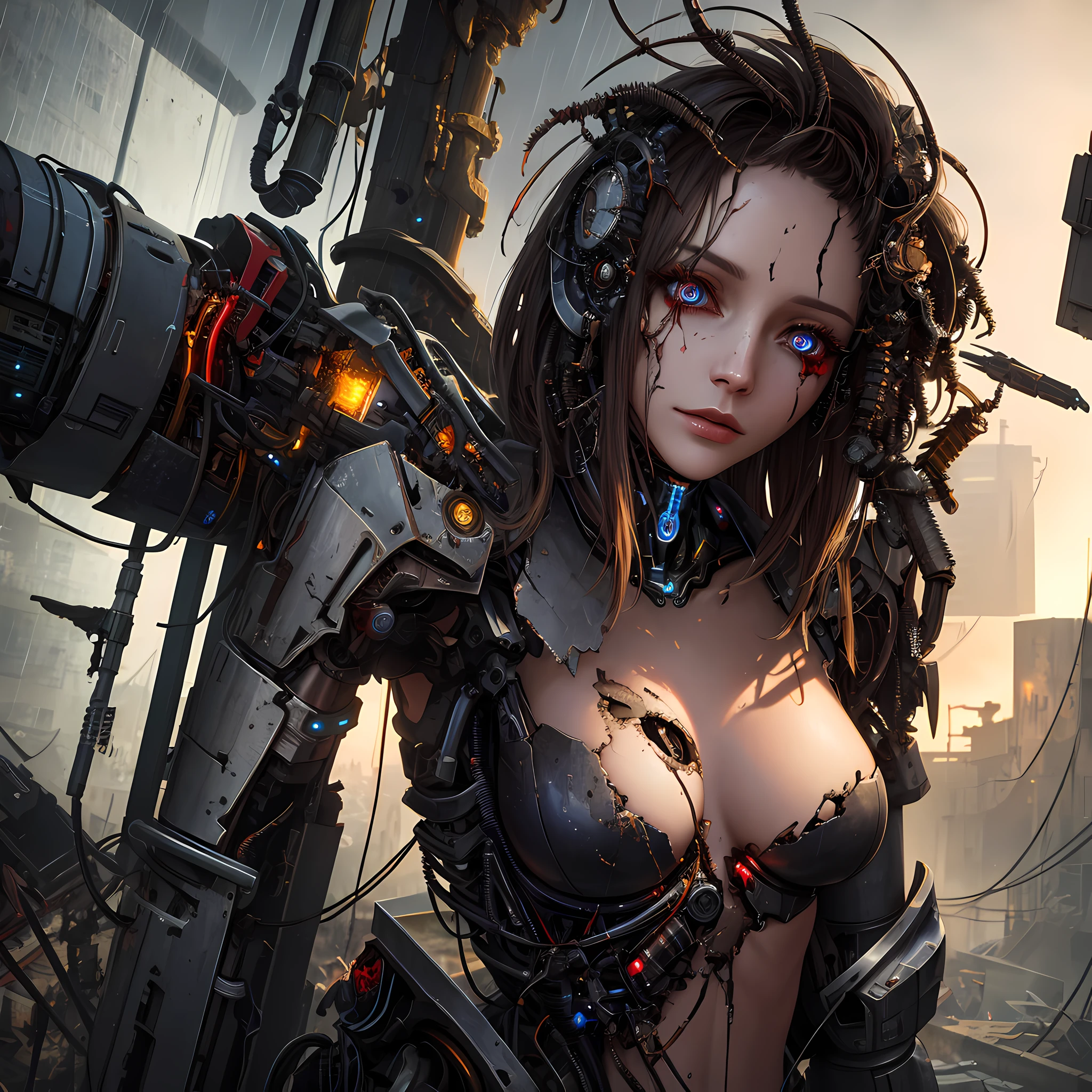 best quality, masterpiece, cinematic, volumetric lighting, sidelighting, 1girl, android, cyborg, mechanical wings, heavily damaged, dark, sad, raining, abandoned, (oil, loose wires, exposed metal parts), apocalyptic, extreme detail, detailed face, detailed eyes