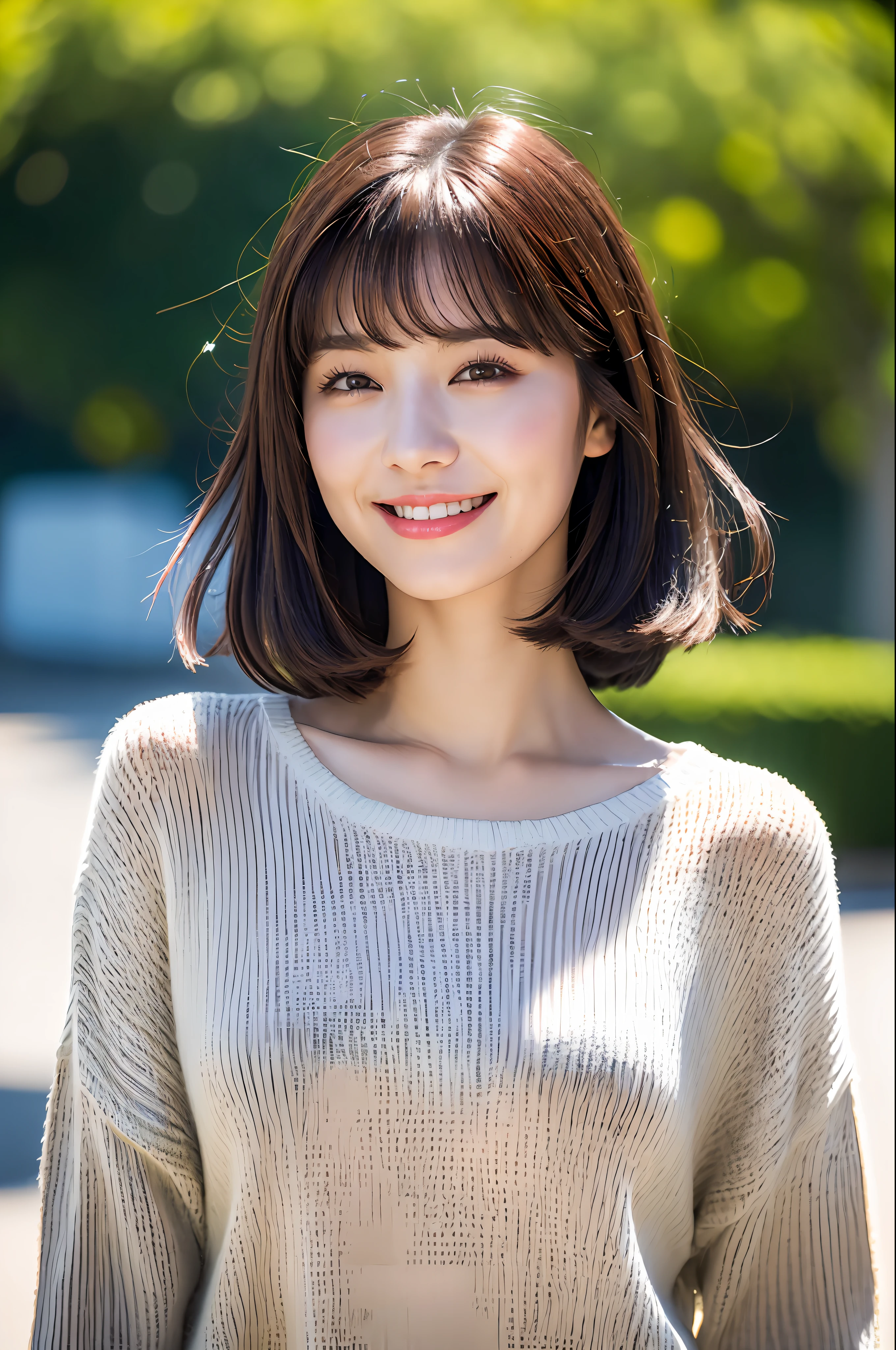 Top Quality, Masterpiece, Ultra High Resolution, (Photorealistic: 1.4), Diagonal Landscape, 1 Girl, Dark Hair, (Bobobs Cut: 1.4, Bangs), Smile, Glossy Skin, Dramatic Lighting, Neatness, T-Shirt, White Summer Sweater, (Big: 0.9), Park