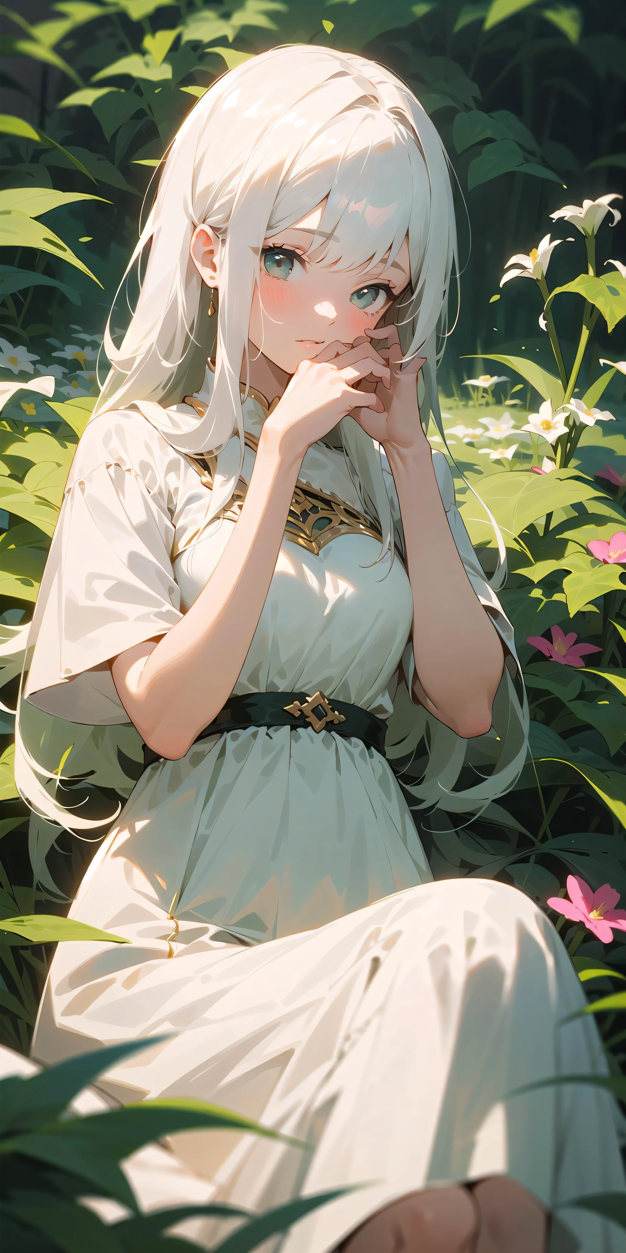 (masterpiece, best quality),1girl with long white hair sitting in a field of green plants and flowers, her hand under her chin, warm lighting, white dress, blurry foreground